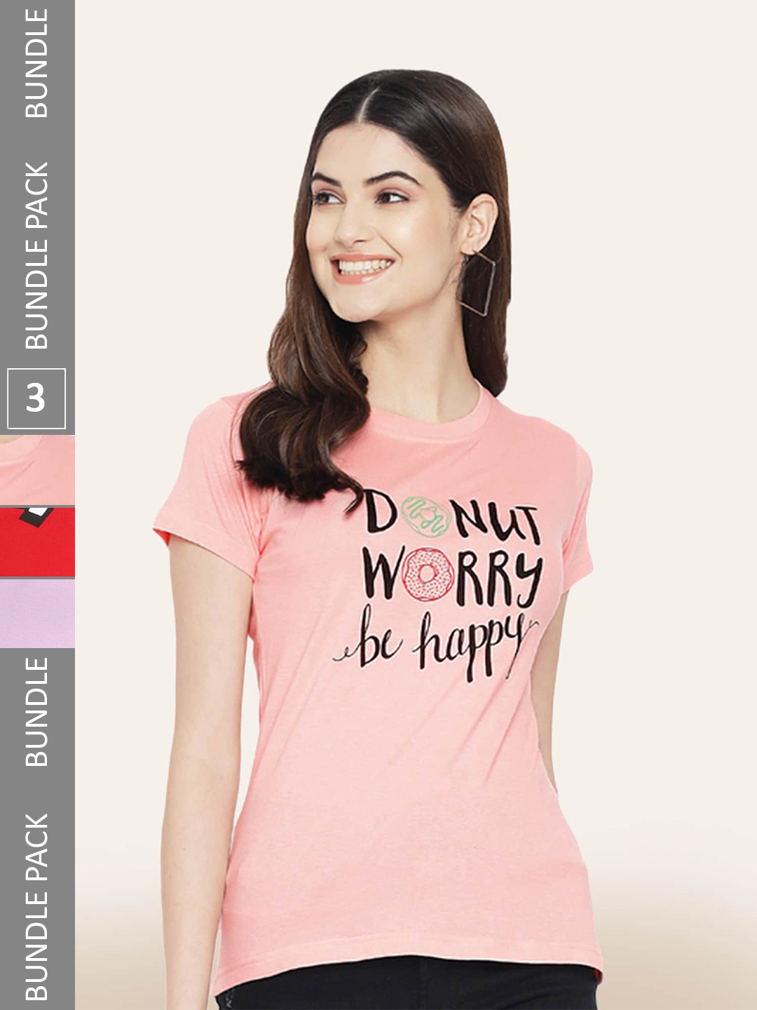 

BAESD Pack of 3 Typography Printed Cotton T-shirts, Peach