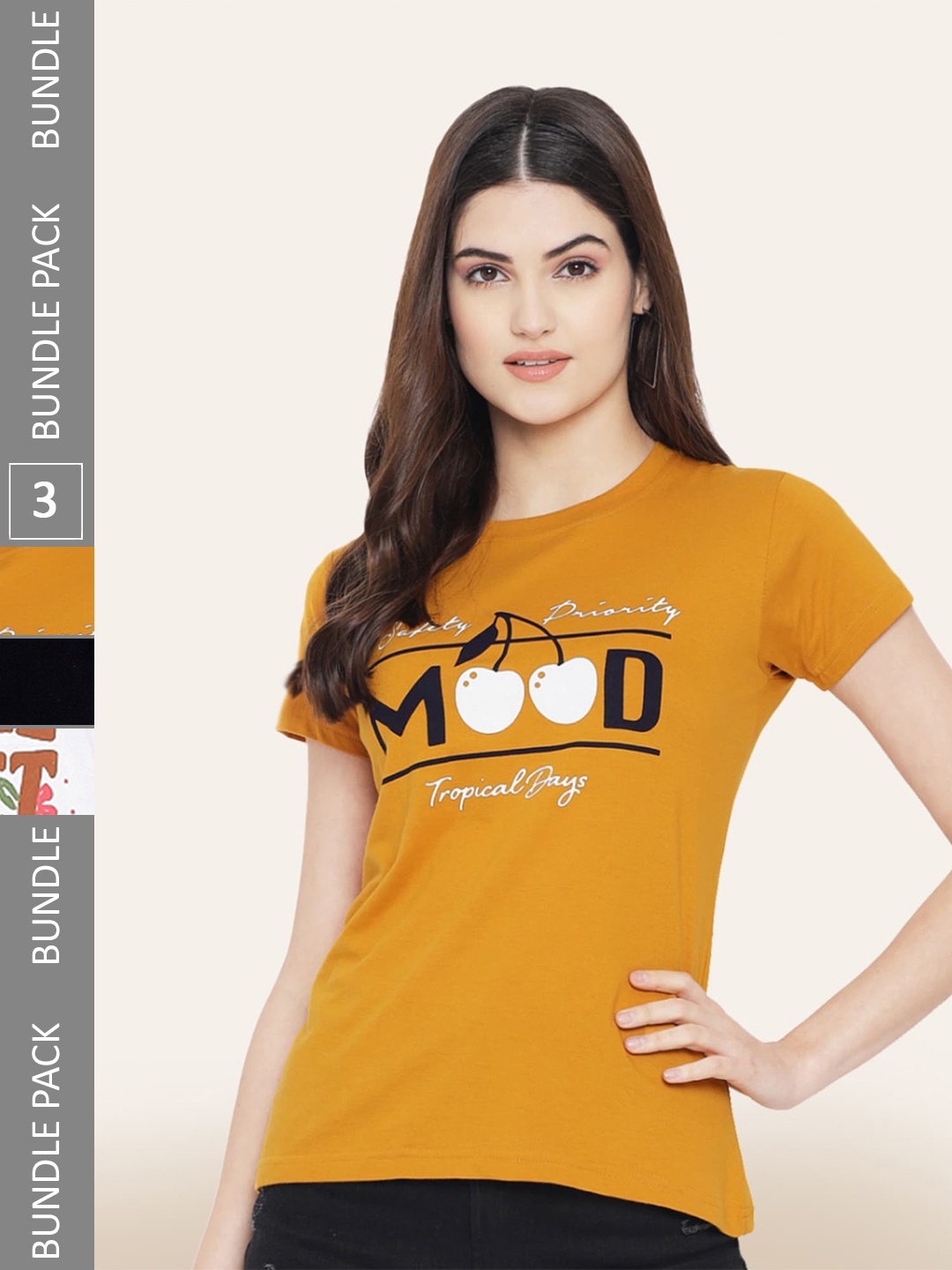

BAESD Pack Of 3 Typography Printed Cotton T-shirt, Mustard