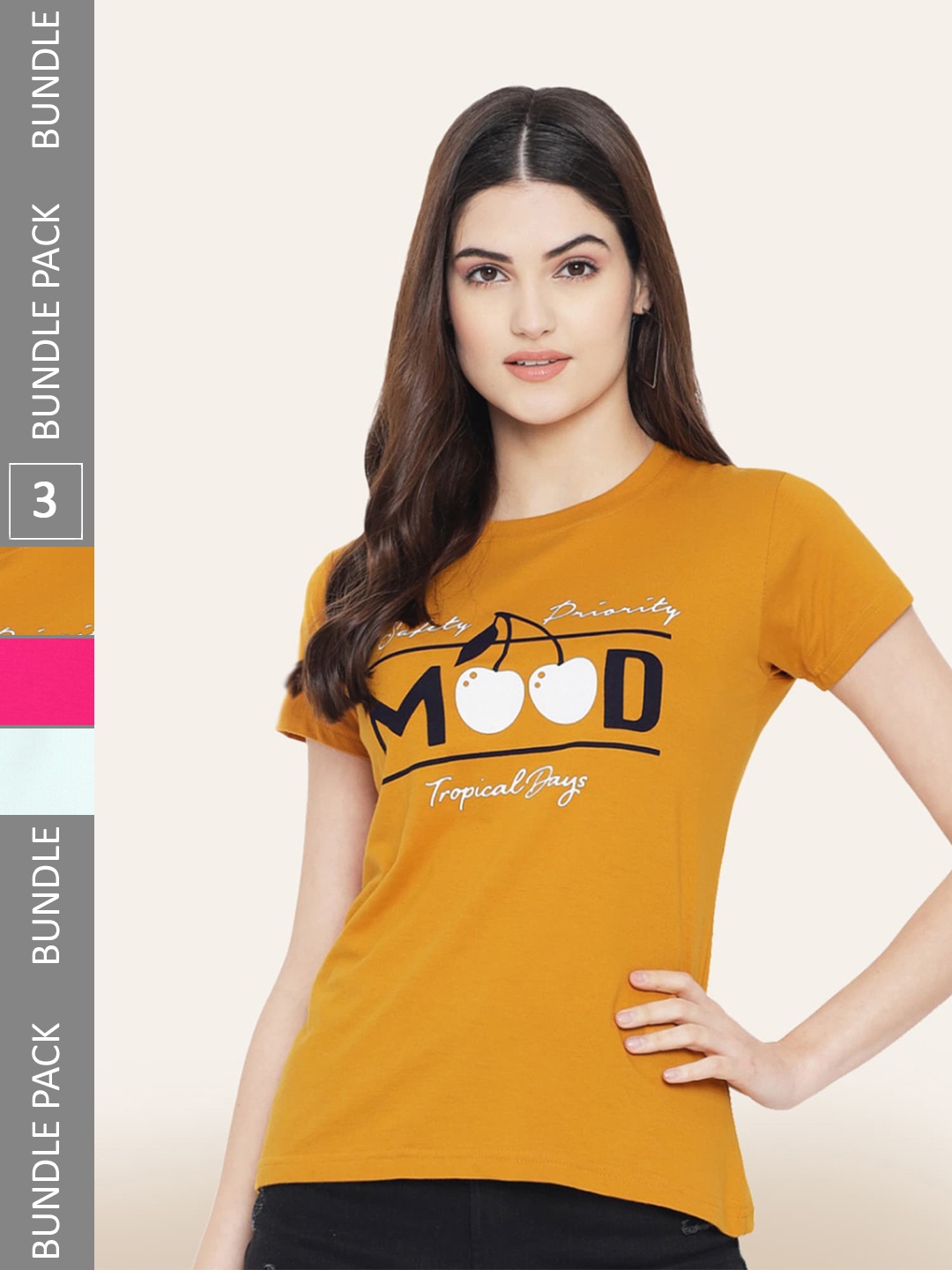 BAESD Pack Of 3 Printed Cotton T-shirt, Mustard