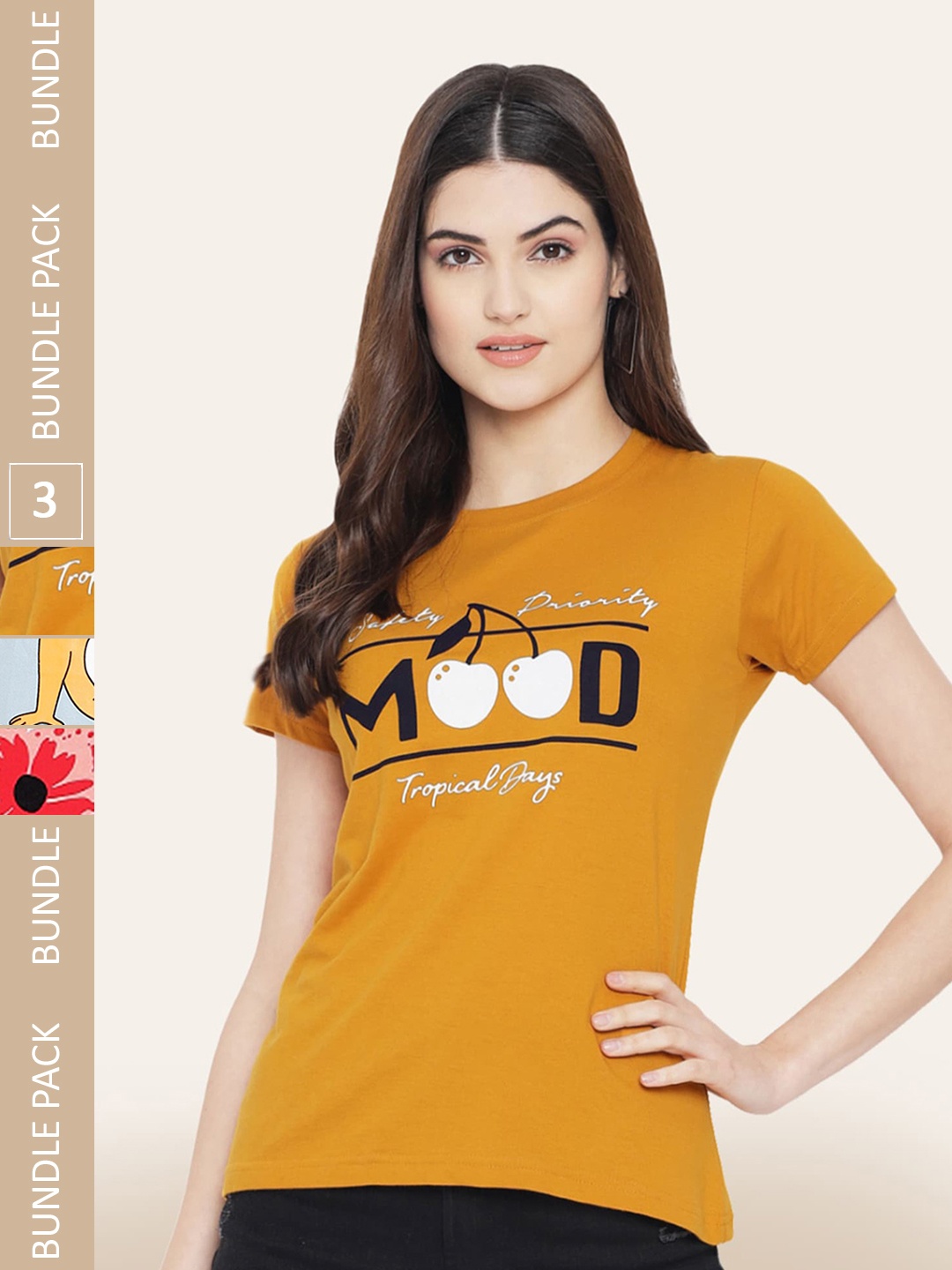 BAESD Pack Of 3 Graphic Printed Cotton T-shirt, Mustard