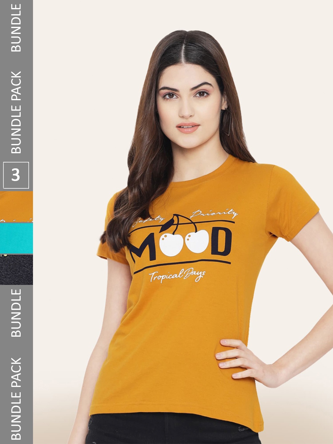 BAESD Pack Of 3 Typography Printed Cotton T-shirt, Mustard