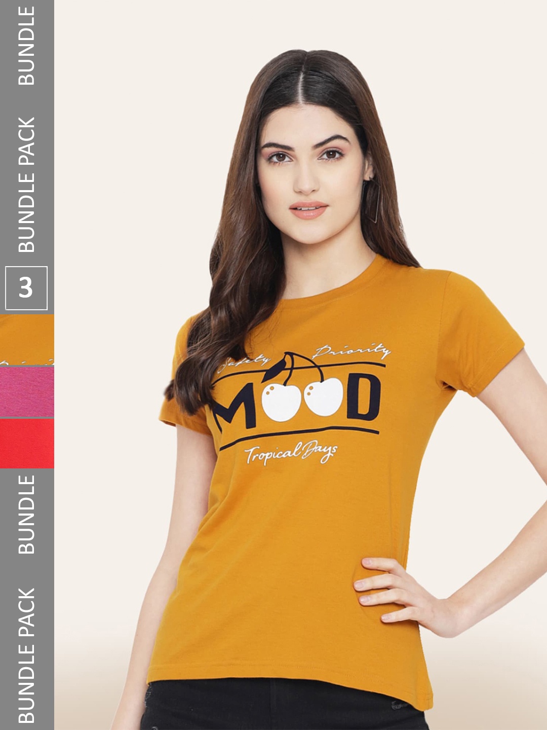 

BAESD Pack Of 3 Printed Round Neck Cotton T-Shirts, Mustard