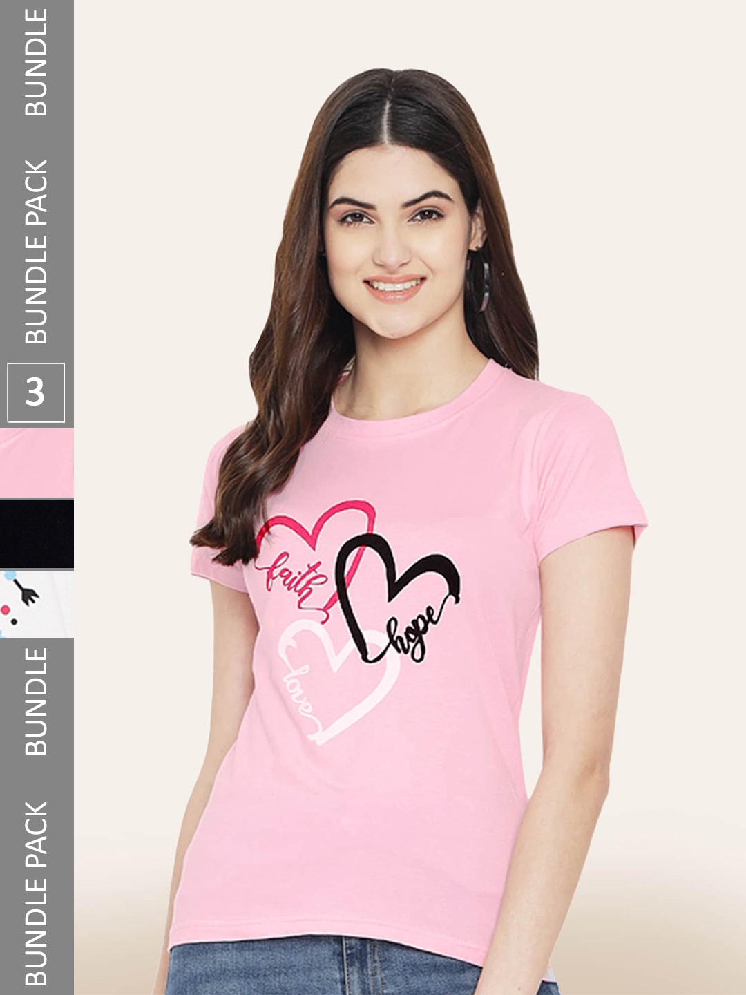 

BAESD Pack Of 3 Printed Round Neck Cotton T-shirts, Pink
