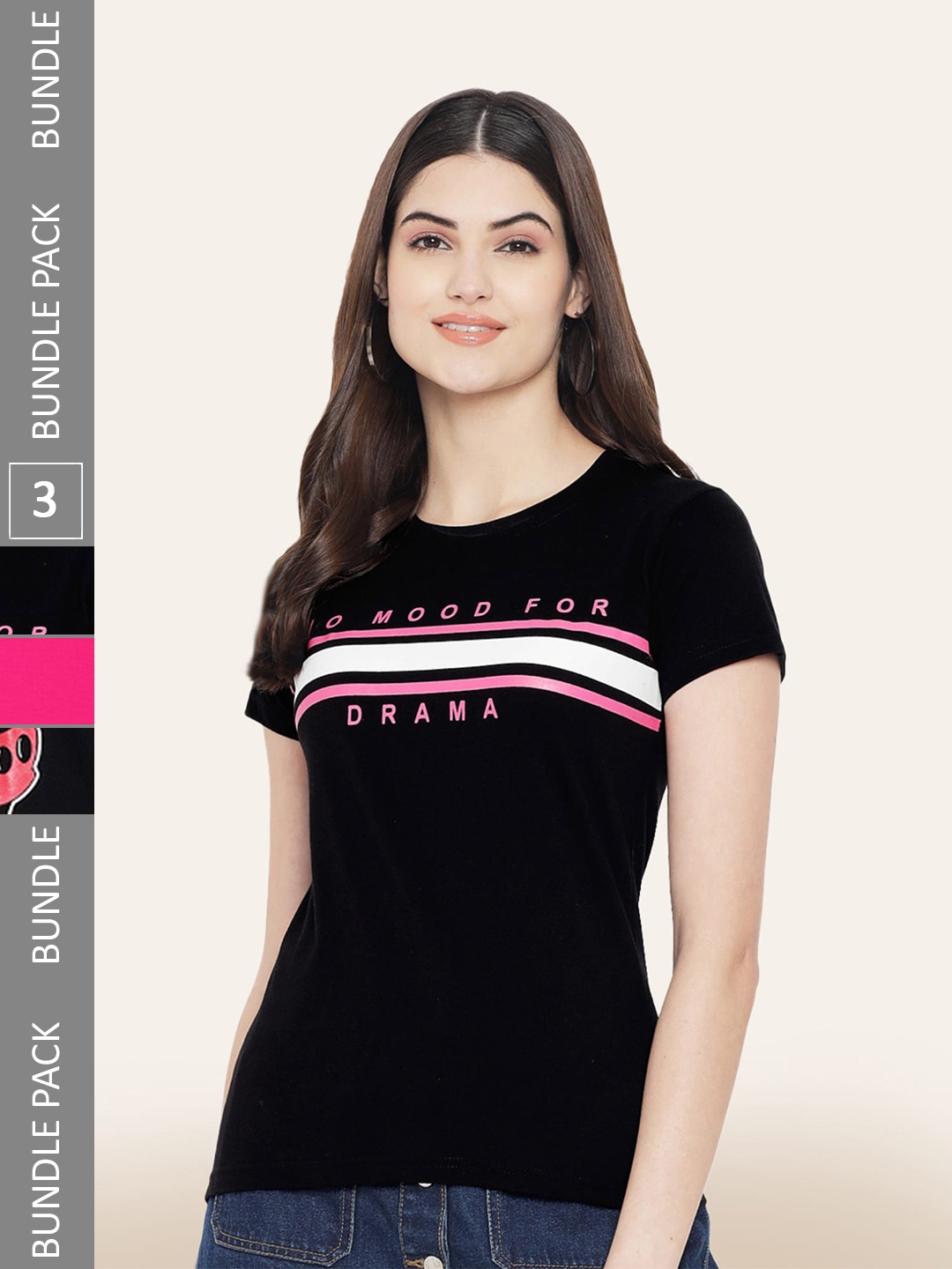 BAESD Women Pack of 3 Printed Cotton T-shirts, Black