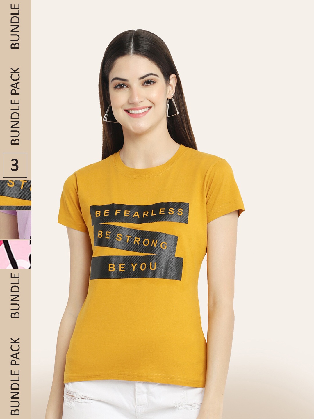 

BAESD Pack of 3 Typography Printed Cotton T-shirt, Mustard