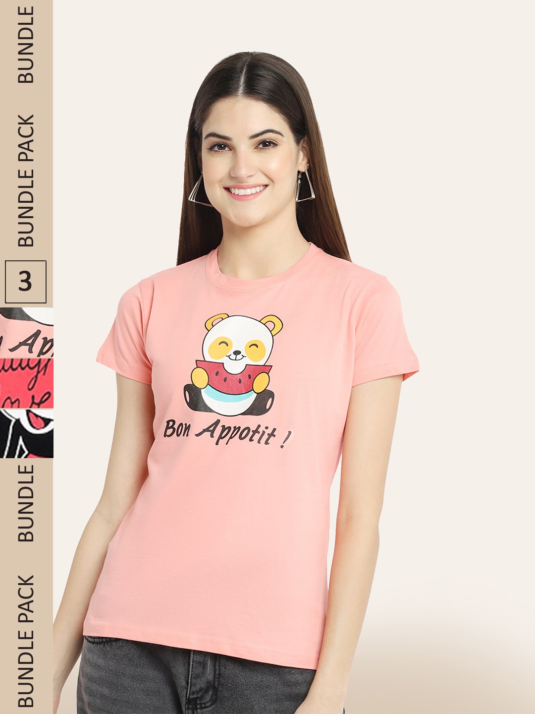 

BAESD Pack Of 3 Typography Printed Casual Cotton T-shirts, Pink