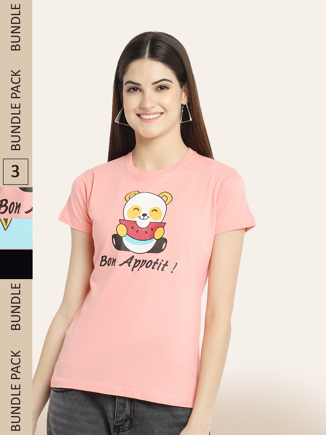 

BAESD Pack Of 3 Printed Casual Cotton T-shirts, Peach