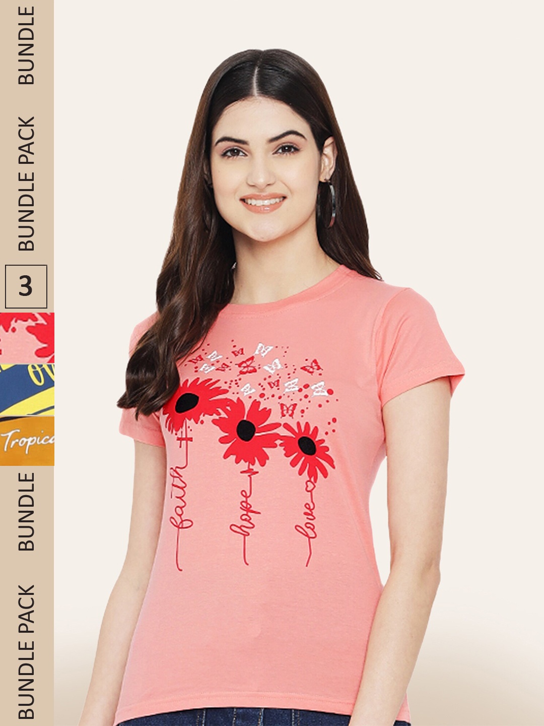 BAESD Pack Of 3 Typography Printed Cotton T-Shirt, Peach