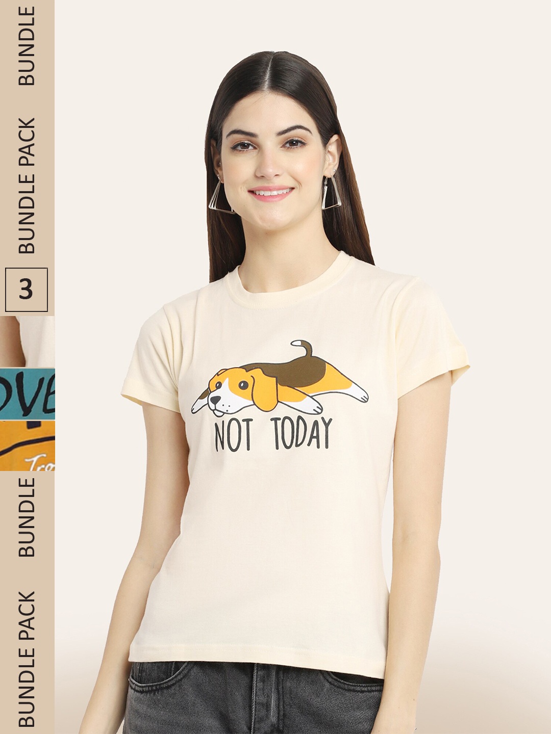 BAESD Pack Of 3 Printed Cotton T-shirt, Cream