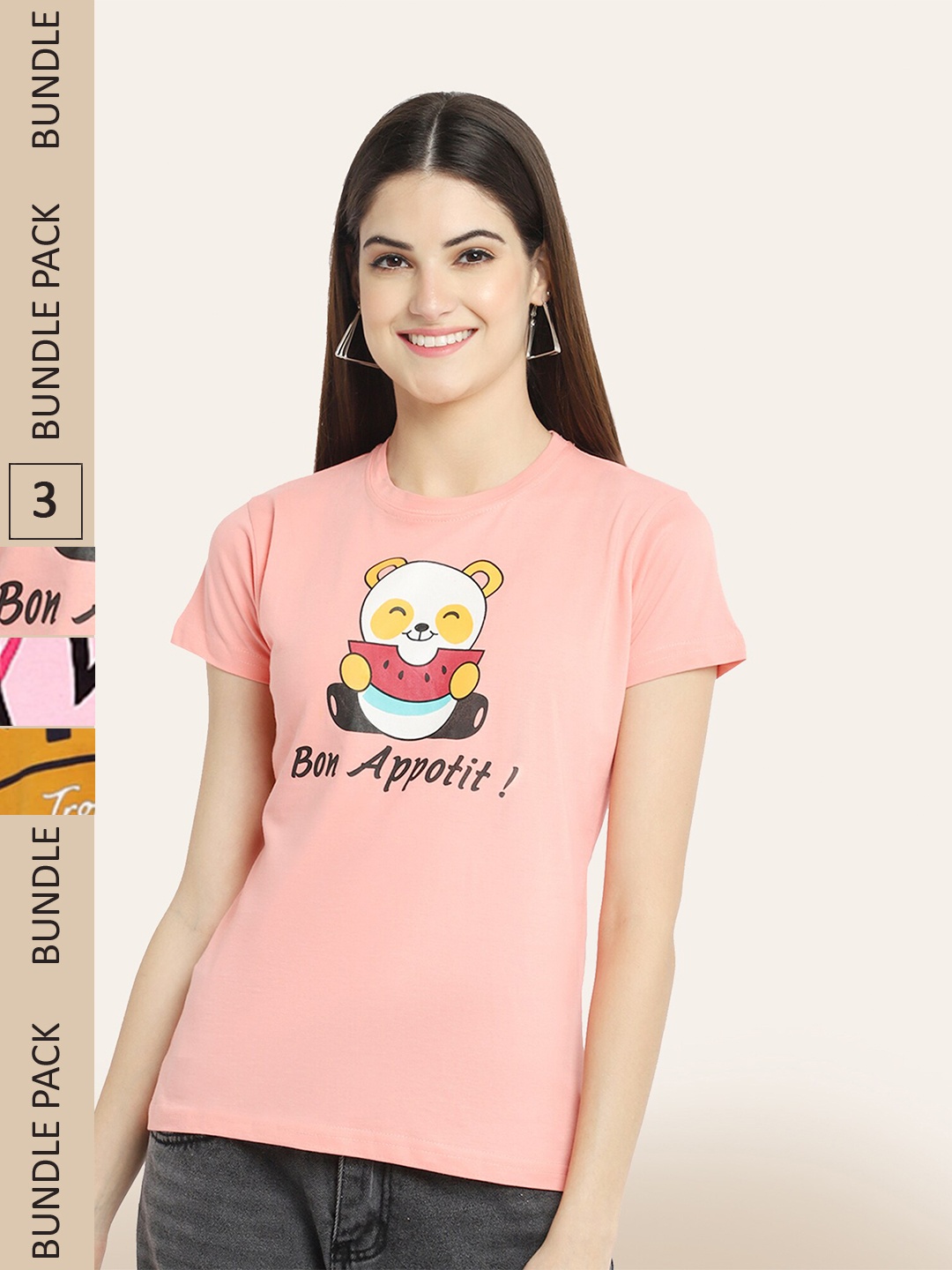 

BAESD Pack of 3 Typography Printed T-Shirts, Peach