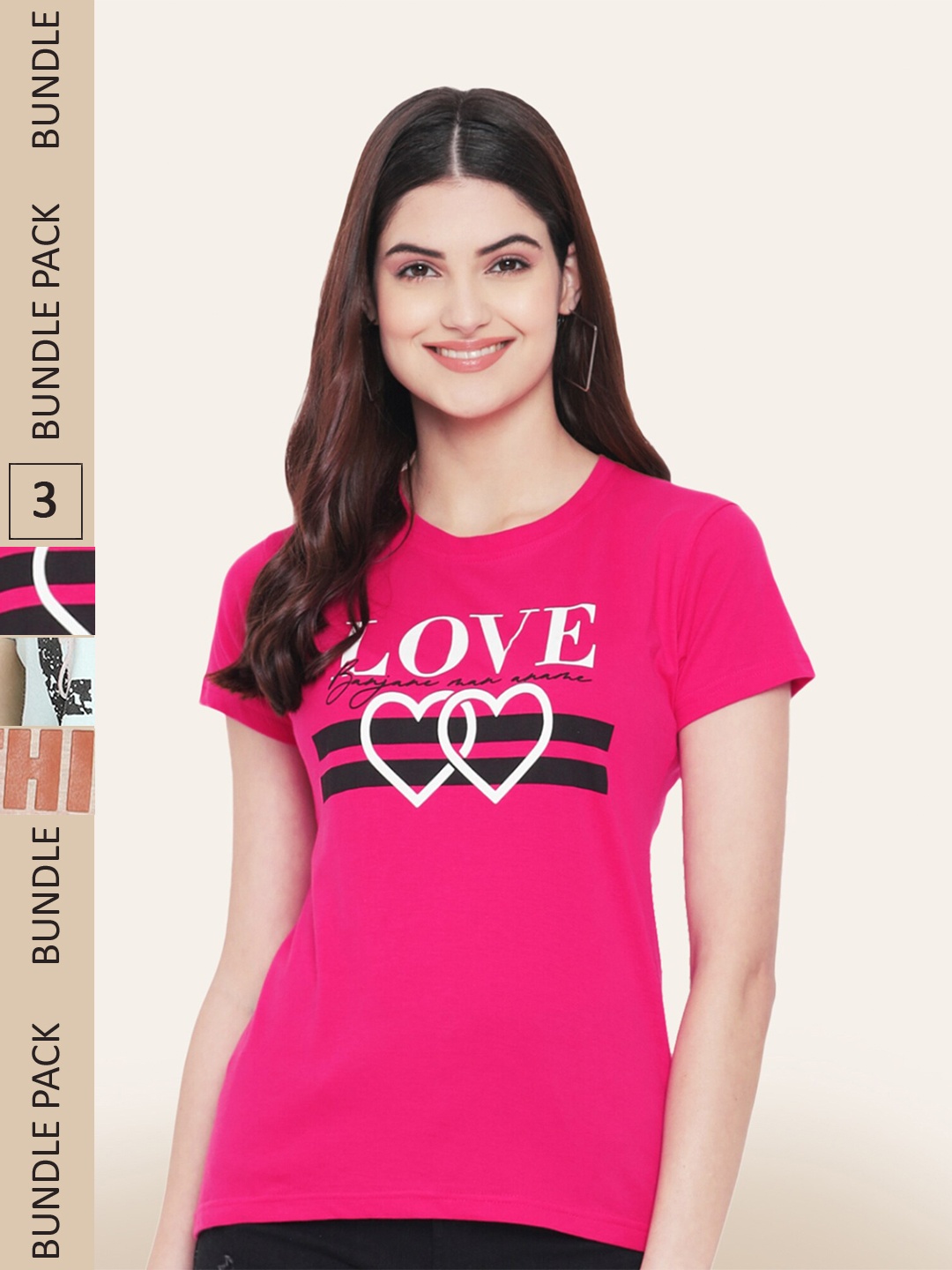 

BAESD Pack Of 3 Printed Cotton T-shirt, Pink
