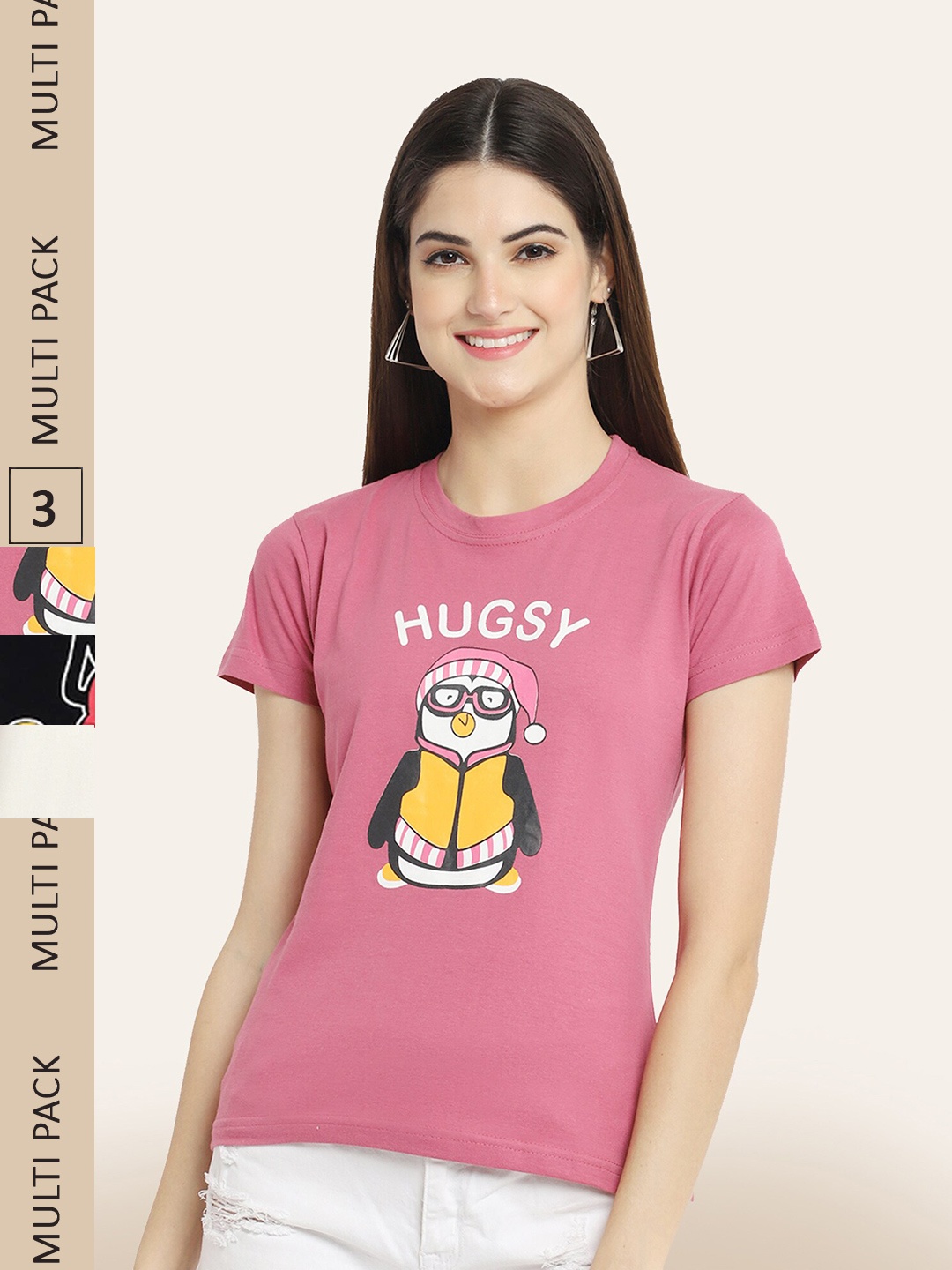 

BAESD Pack Of 3 Printed Cotton T-shirts, Pink