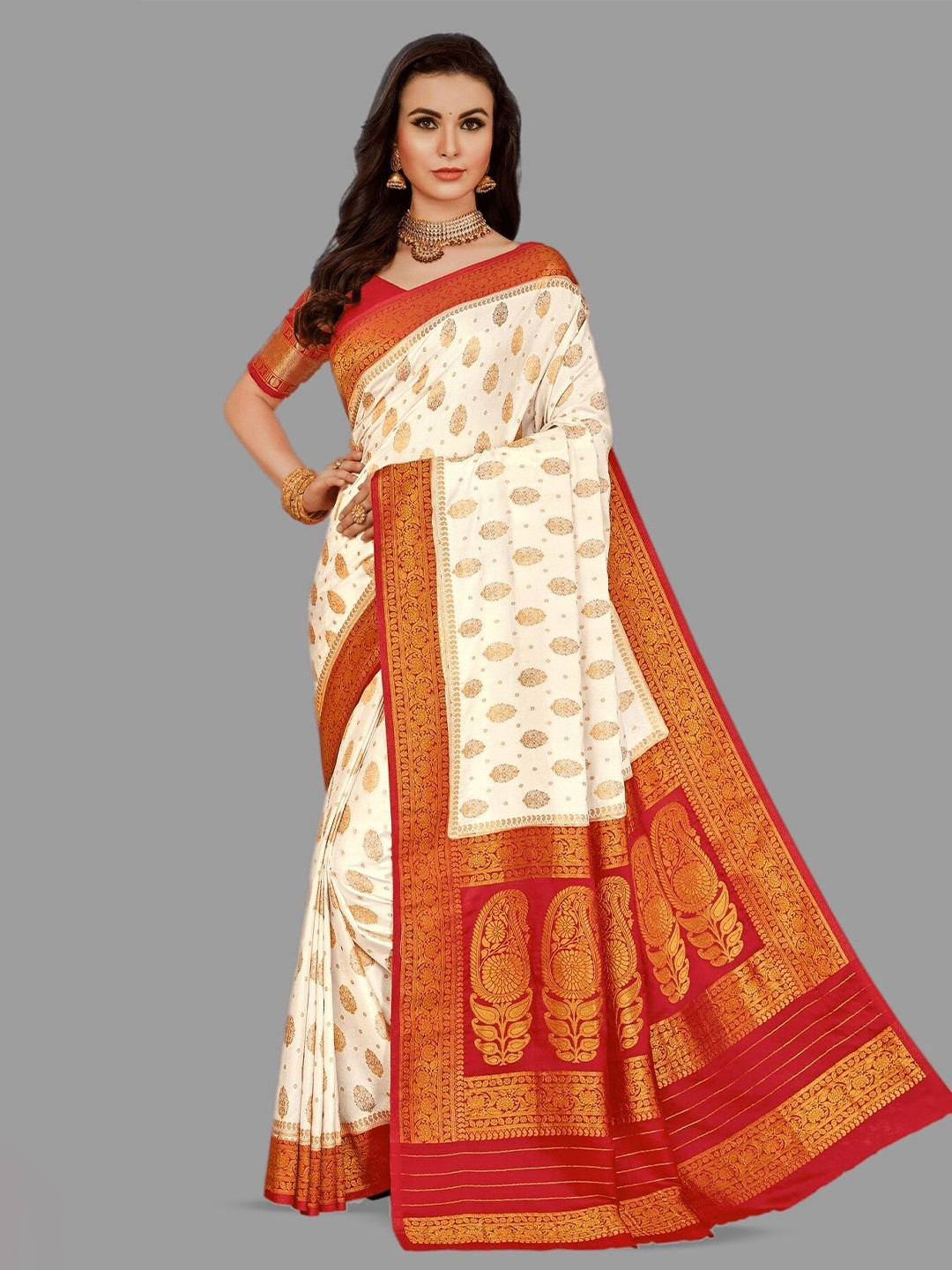 

HASRI Ethnic Motifs Woven Design Zari Pure Georgette Banarasi Saree, Cream