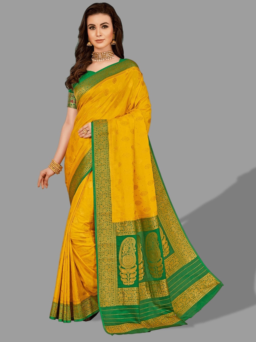 

HASRI Woven Design Zari Pure Georgette Banarasi Saree, Yellow