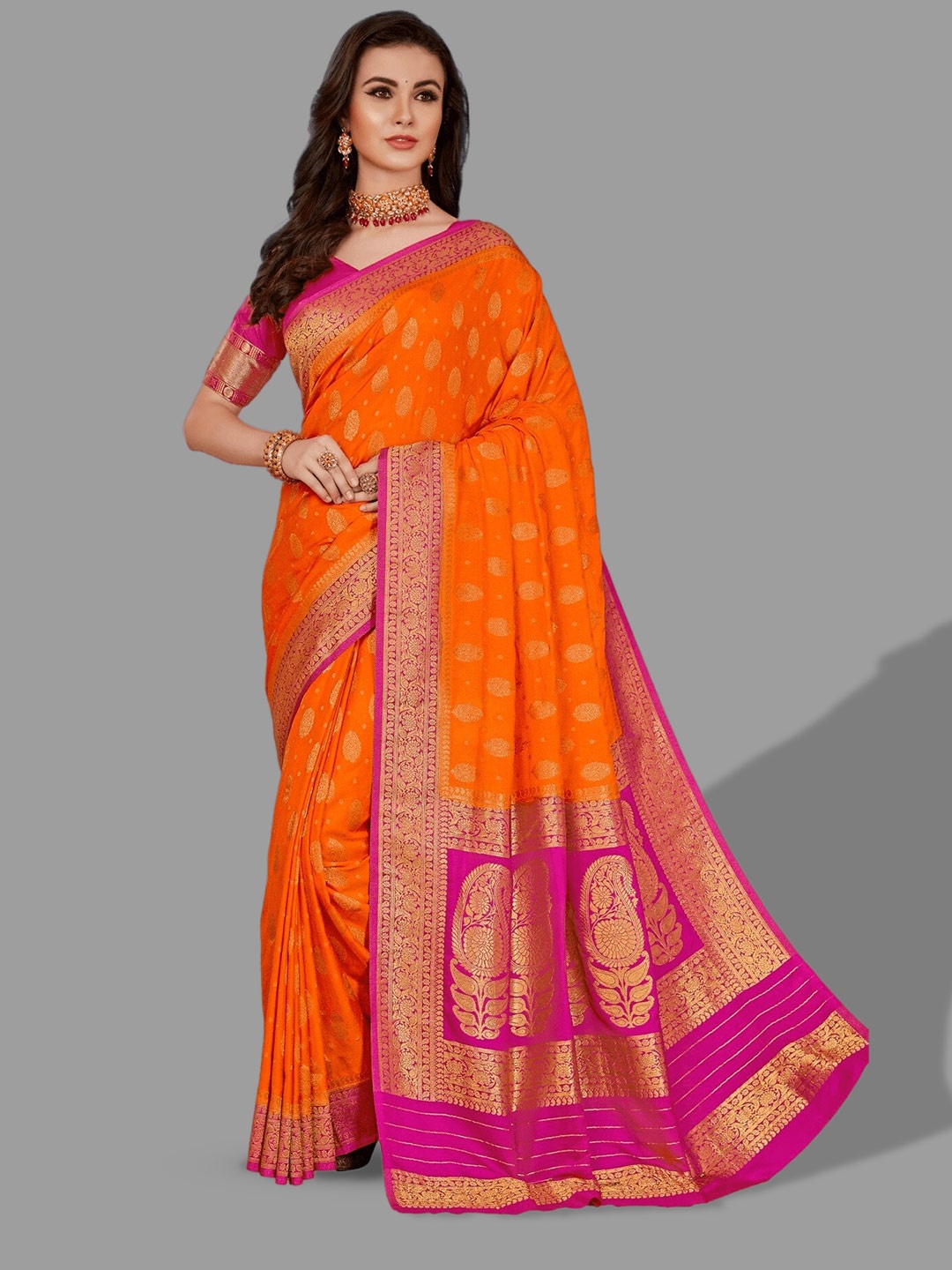 

HASRI Ethnic Motifs Woven Design Zari Pure Georgette Banarasi Saree, Orange