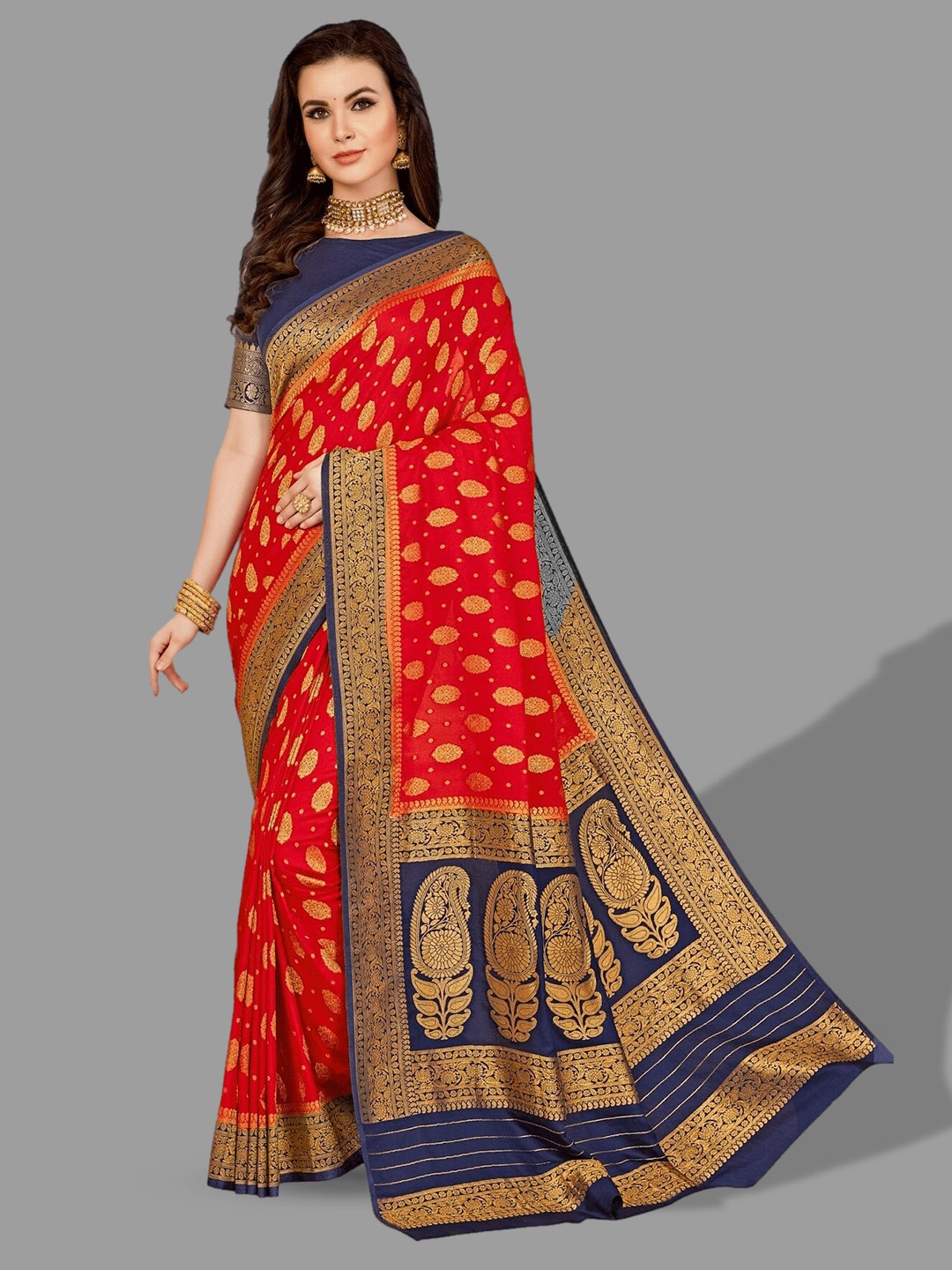 

HASRI Woven Design Zari Pure Georgette Banarasi Saree, Red