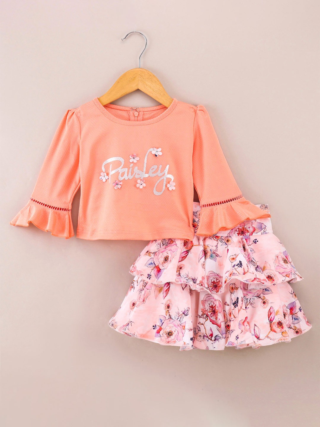

Enfance Girls Typography Printed Top with Skirt, Peach