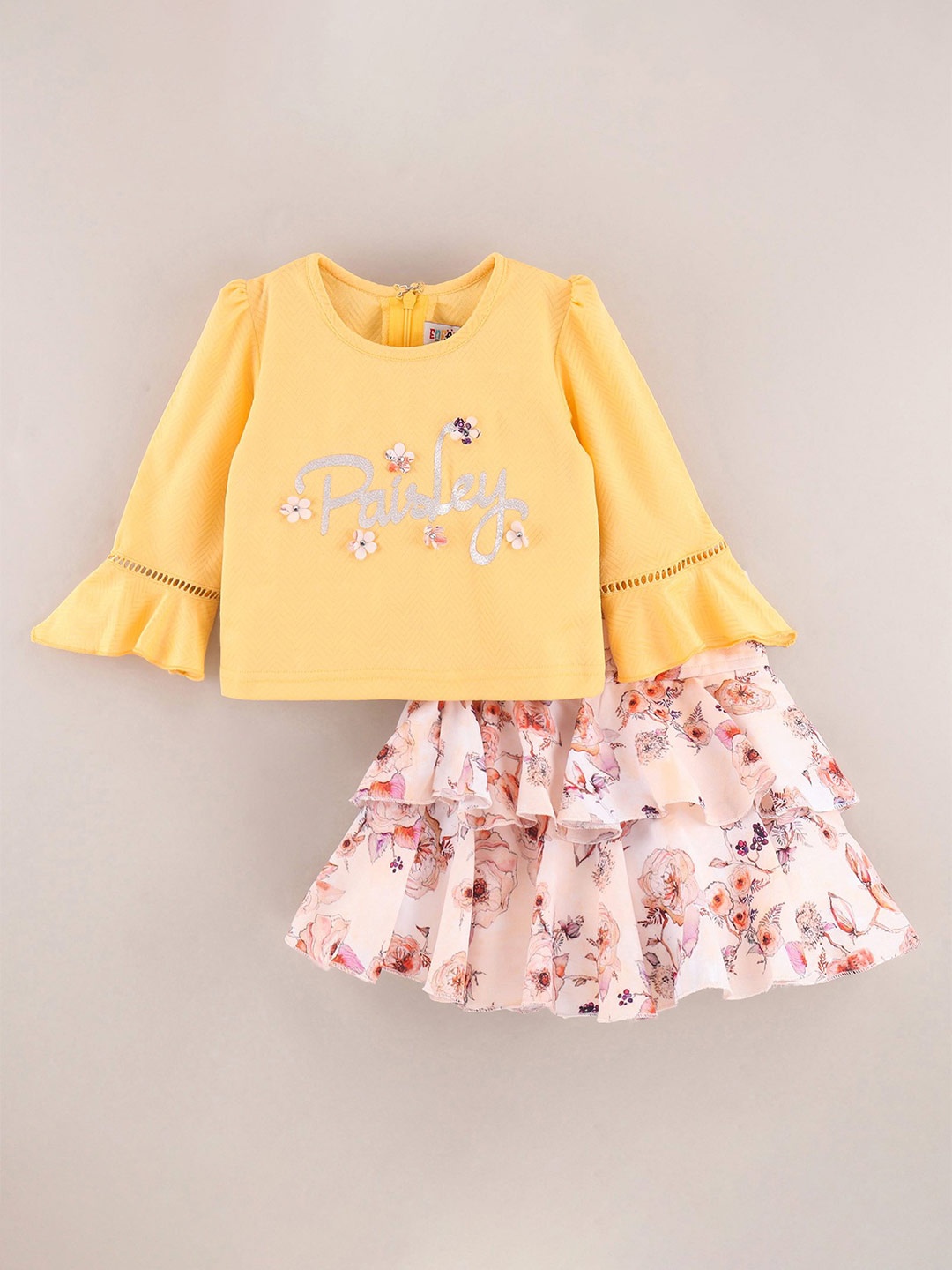 

Enfance Girls Typography Printed Top with Skirt, Yellow