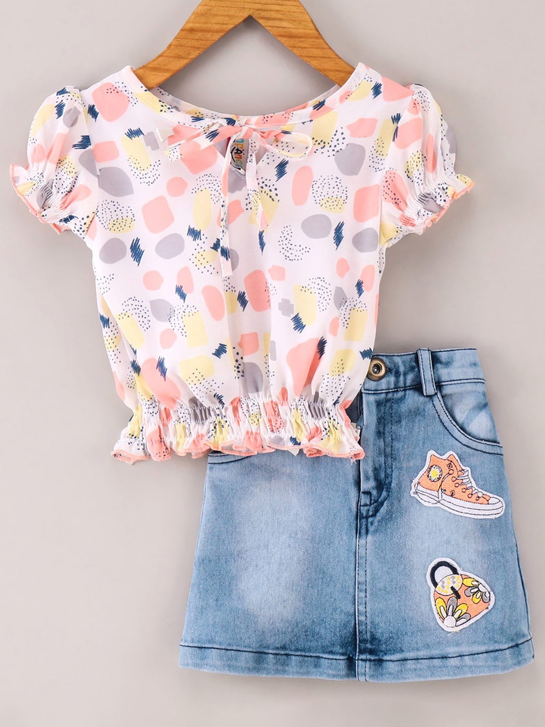 

Enfance Girls Printed Top with Skirt, Peach