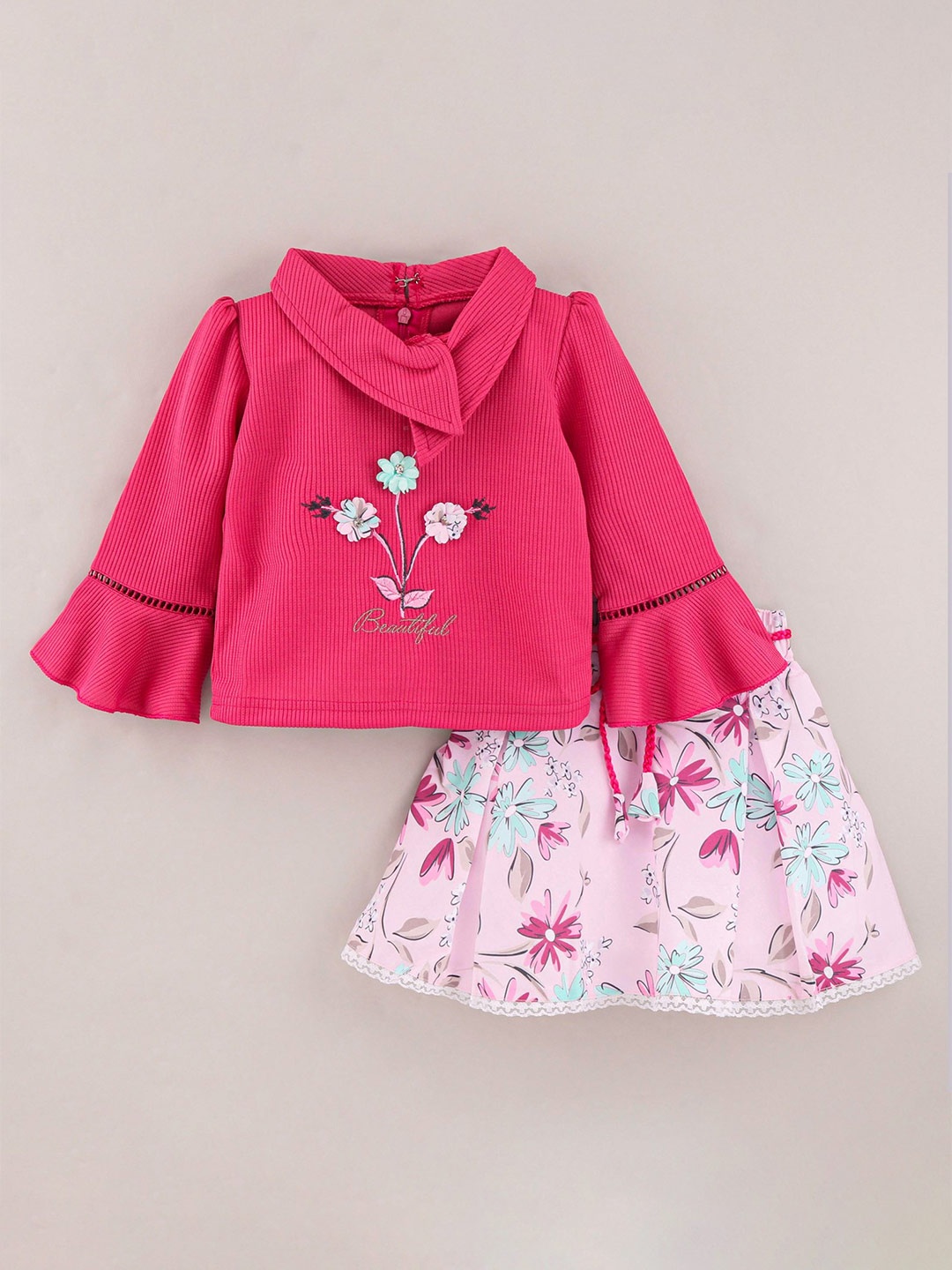 

Enfance Girls Floral Printed Top with Skirt, Pink