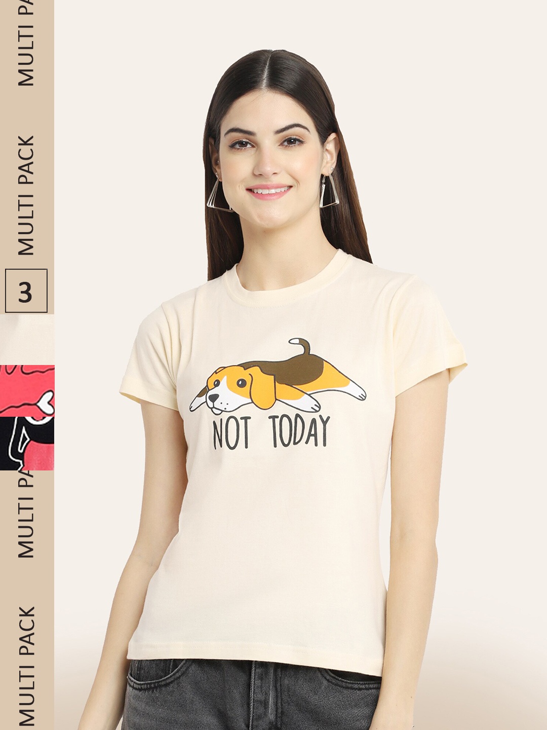 

BAESD Pack Of 3 Round Neck Printed Cotton T-shirt, Cream