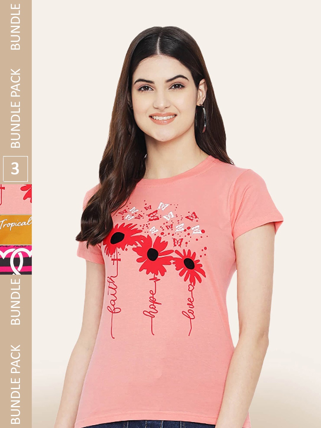 

BAESD Pack Of 3 Printed Cotton T-shirts, Pink