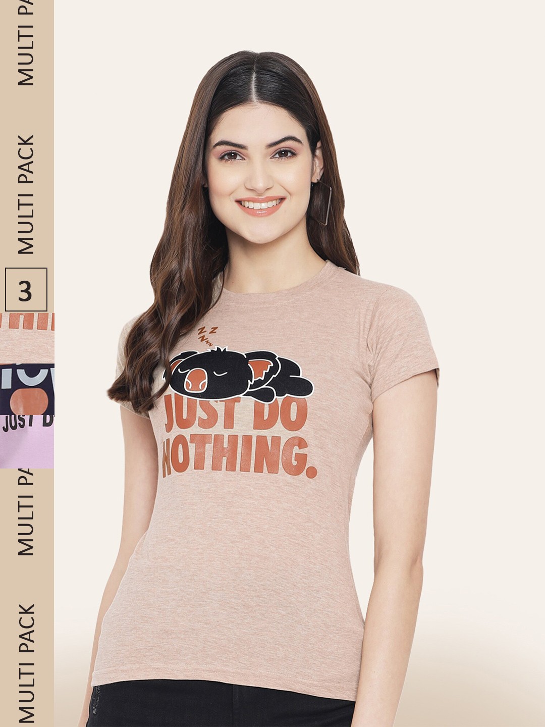 

BAESD Pack Of 3 Printed Round Neck Cotton T-Shirts, Beige