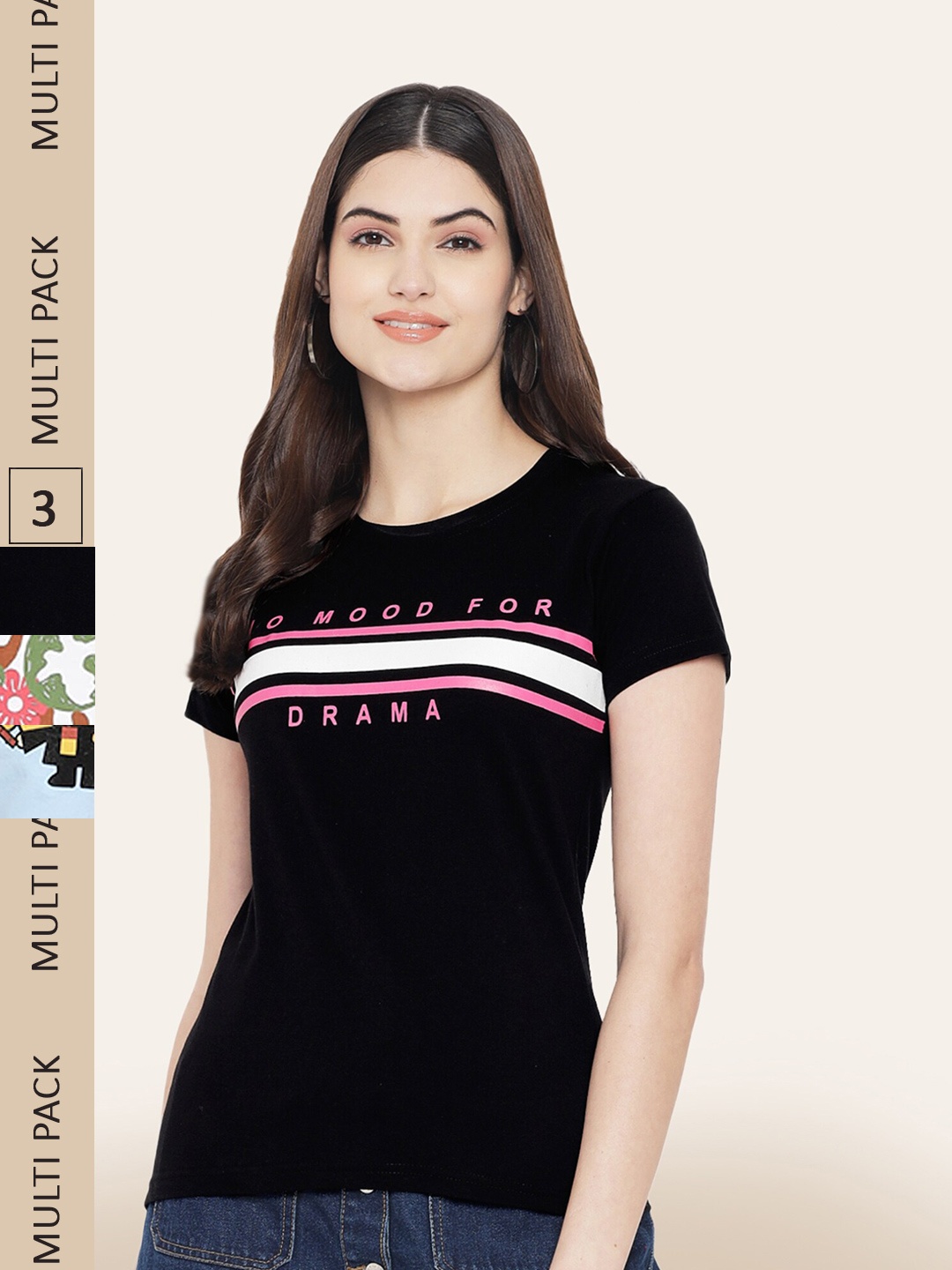 

BAESD Women Pack of 3 Printed Cotton T-shirts, Black
