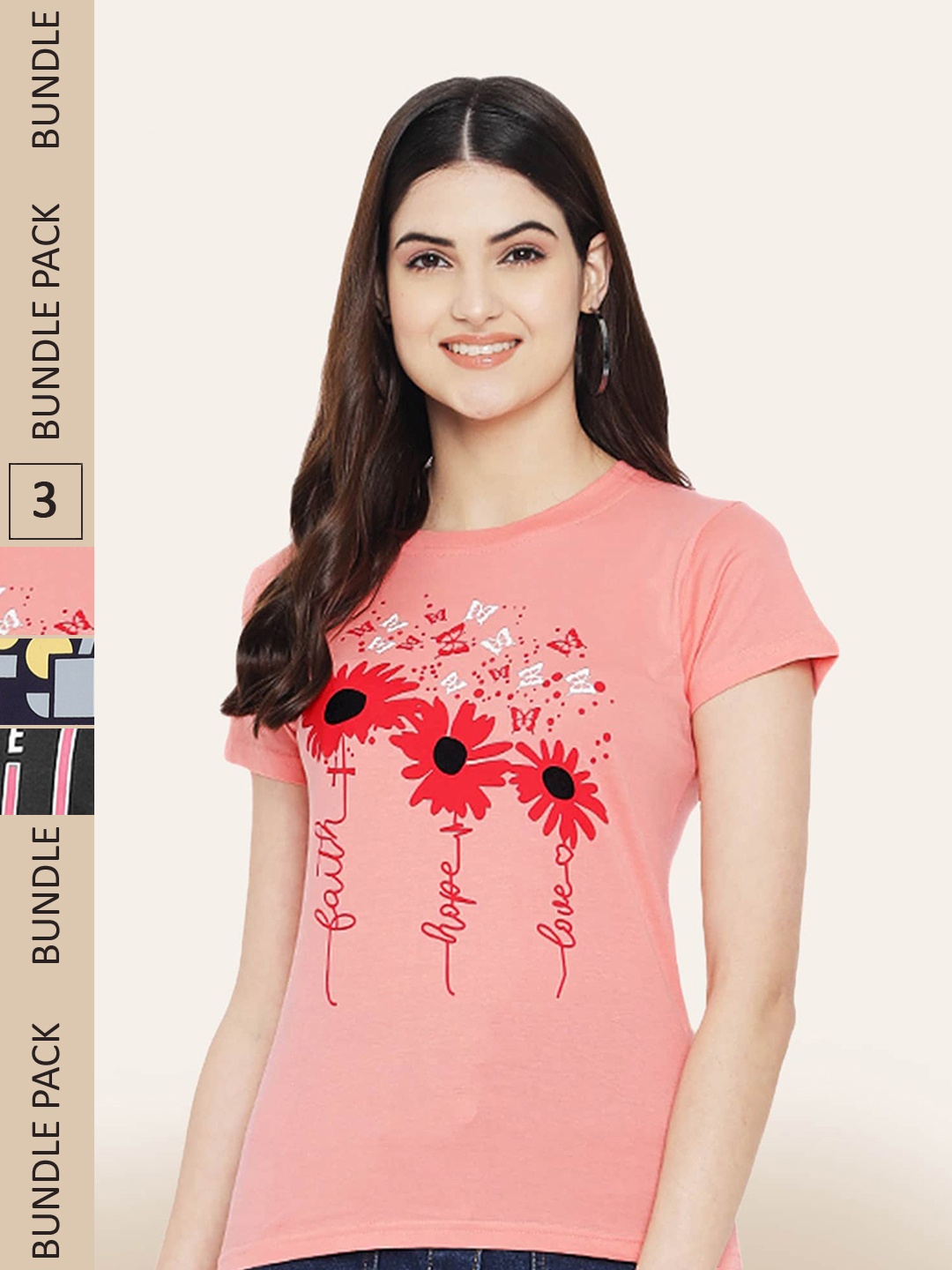 

BAESD Women Pack Of 3 Printed Cotton T-shirt, Pink