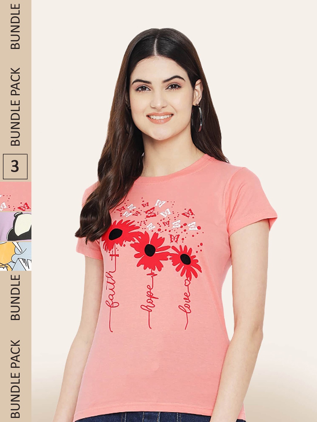 

BAESD Pack Of 3 Printed Round Neck Cotton T-Shirts, Peach