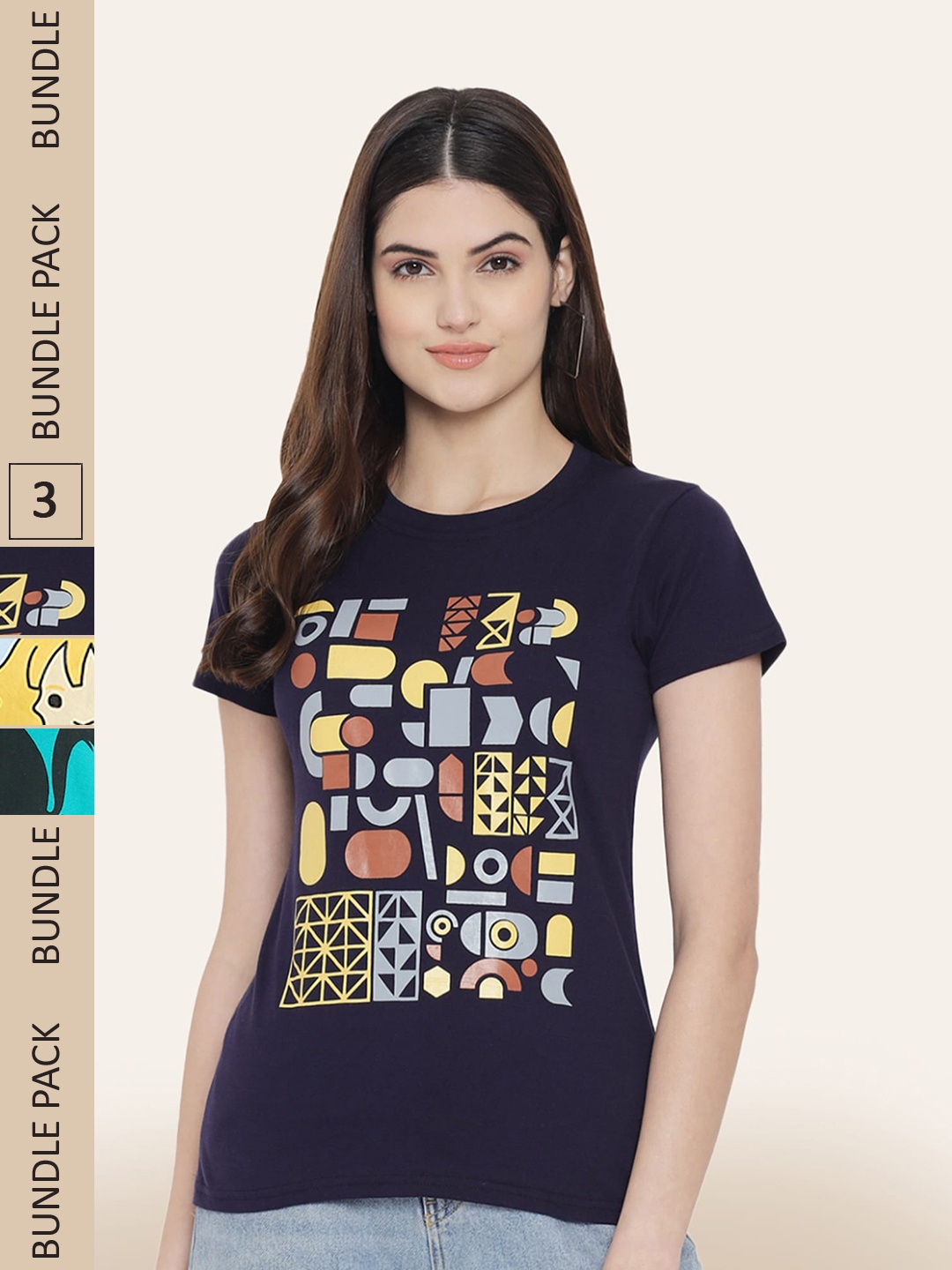BAESD Women Pack of 3 Printed Cotton T-shirts, Navy blue