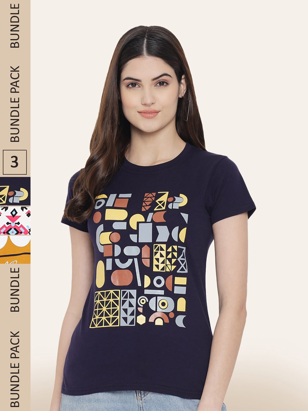 

BAESD Women Pack Of 3 Printed Cotton T-shirt, Navy blue