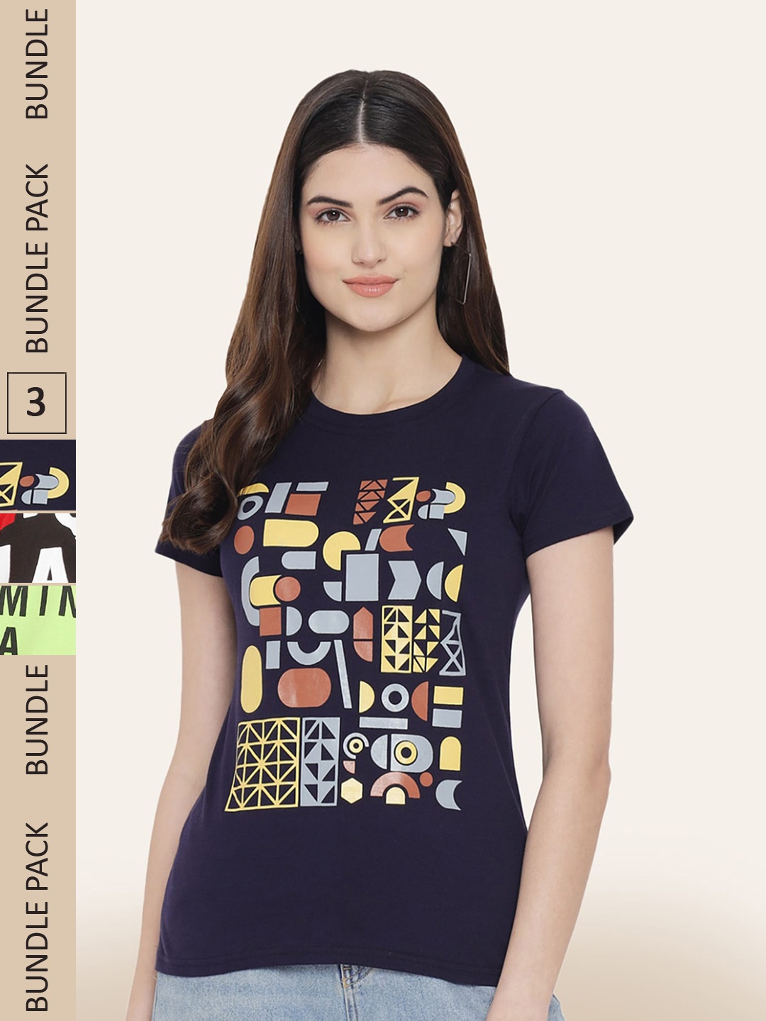 BAESD Women Pack Of 3 Printed Cotton T-shirt, Navy blue