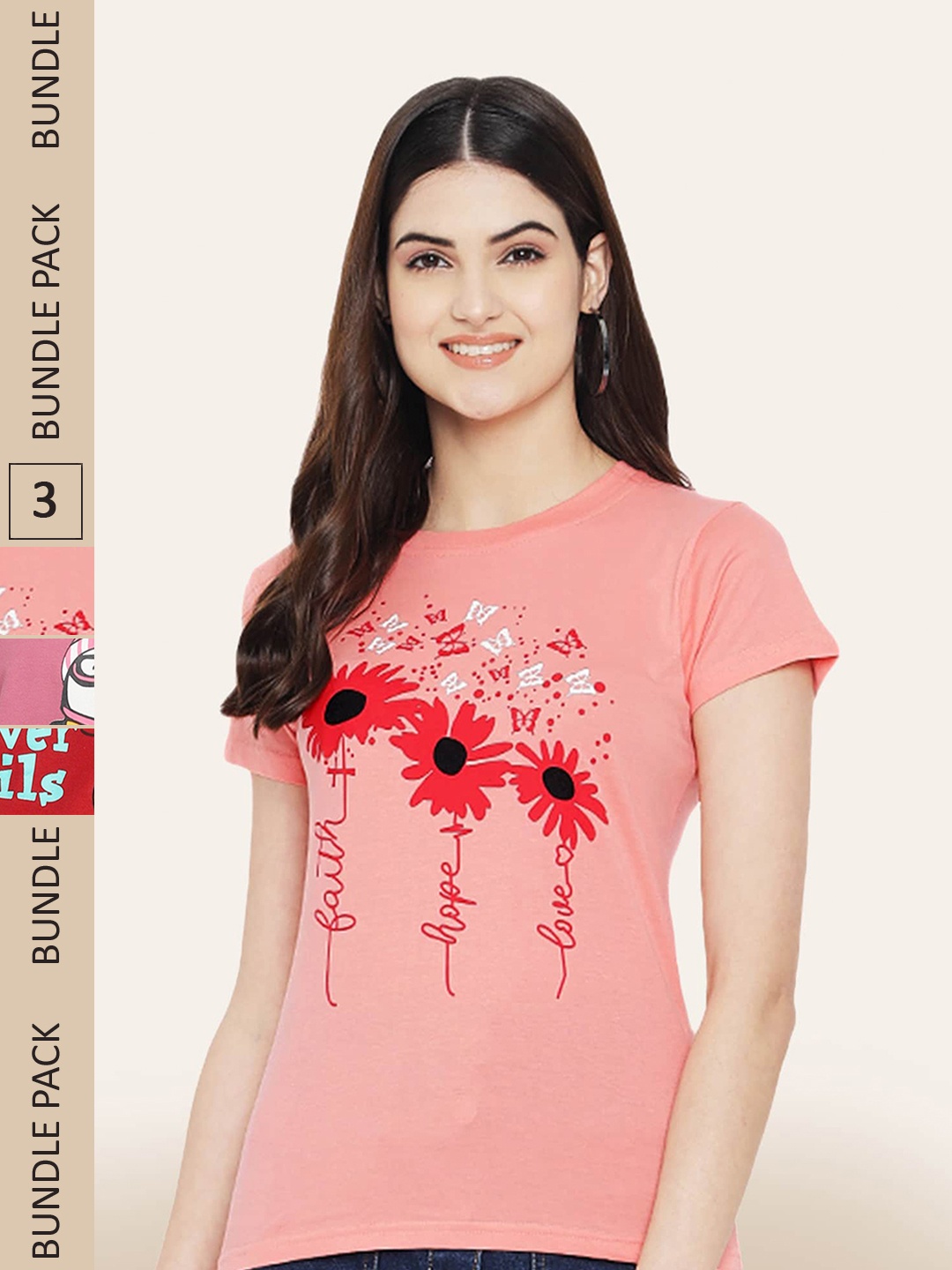 

BAESD Pack Of 3 Typography Printed Cotton T-shirt, Peach