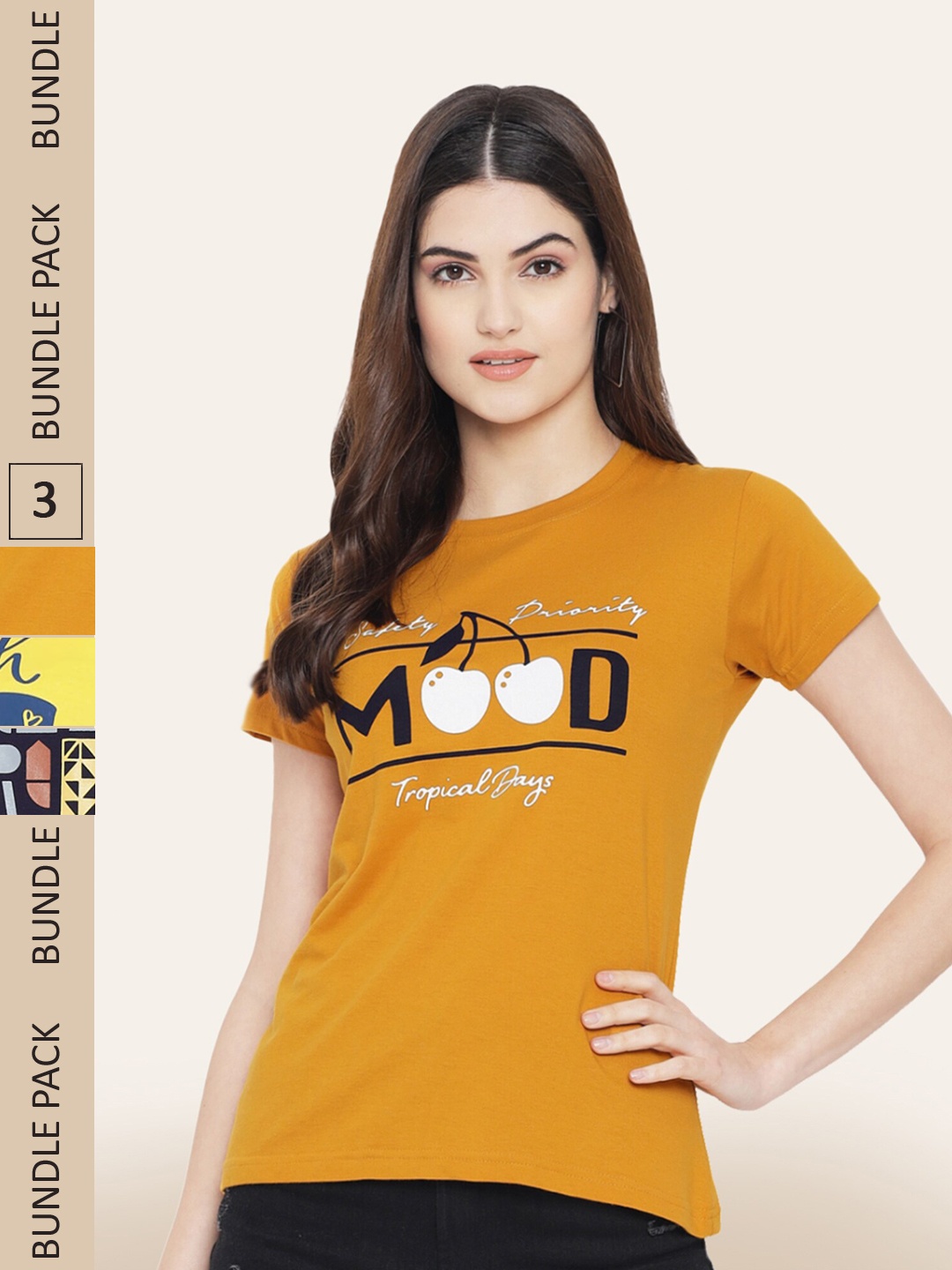 

BAESD Pack Of 3 Printed Cotton T-shirt, Mustard