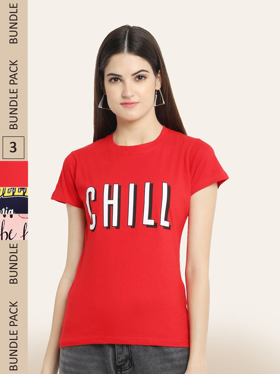 

BAESD Women Pack Of 3 Typography Printed Cotton T-shirt, Red
