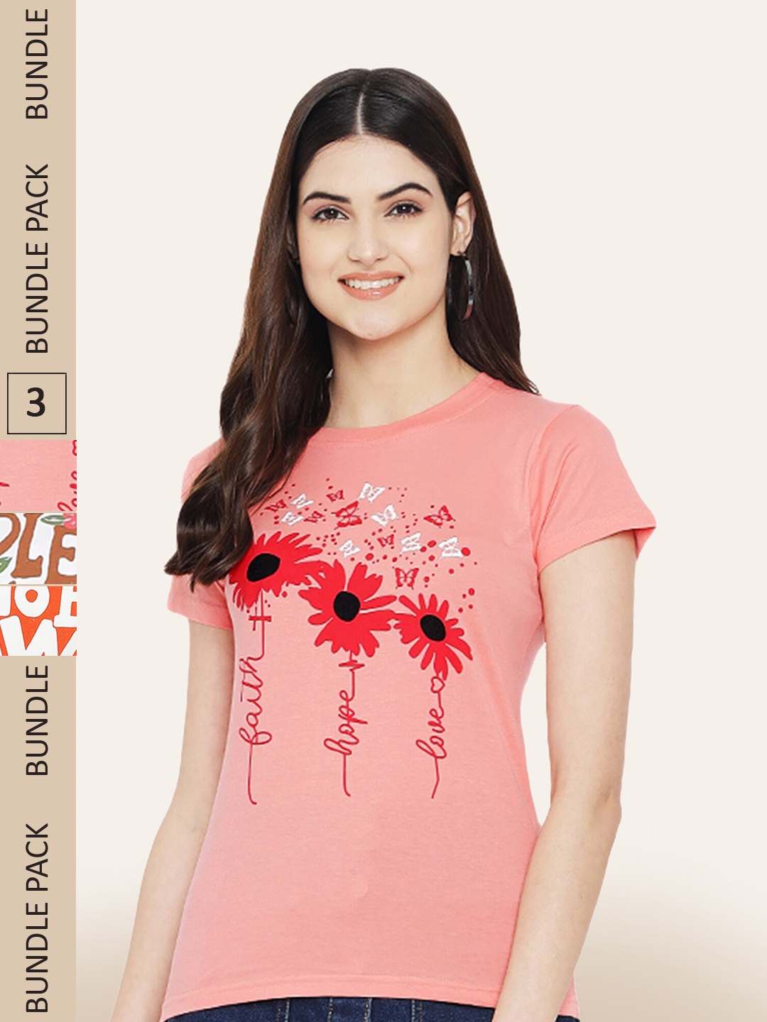 BAESD Pack of 3 Printed Cotton T-shirts, Peach