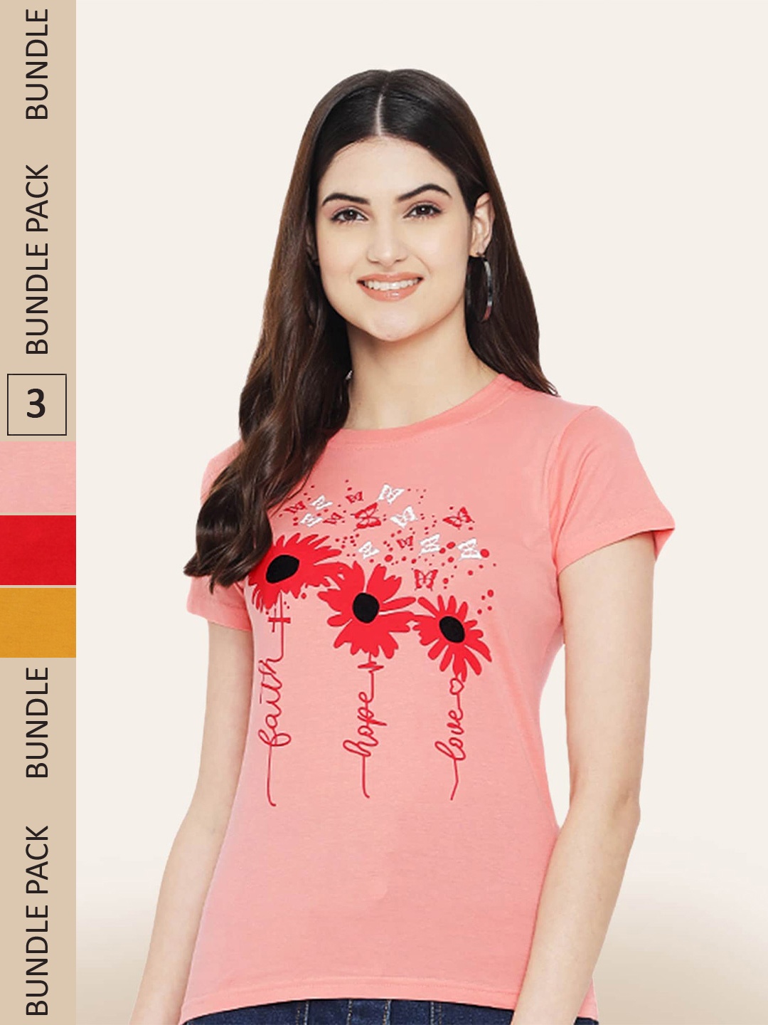 

BAESD Pack Of 3 Printed Cotton T-shirt, Pink