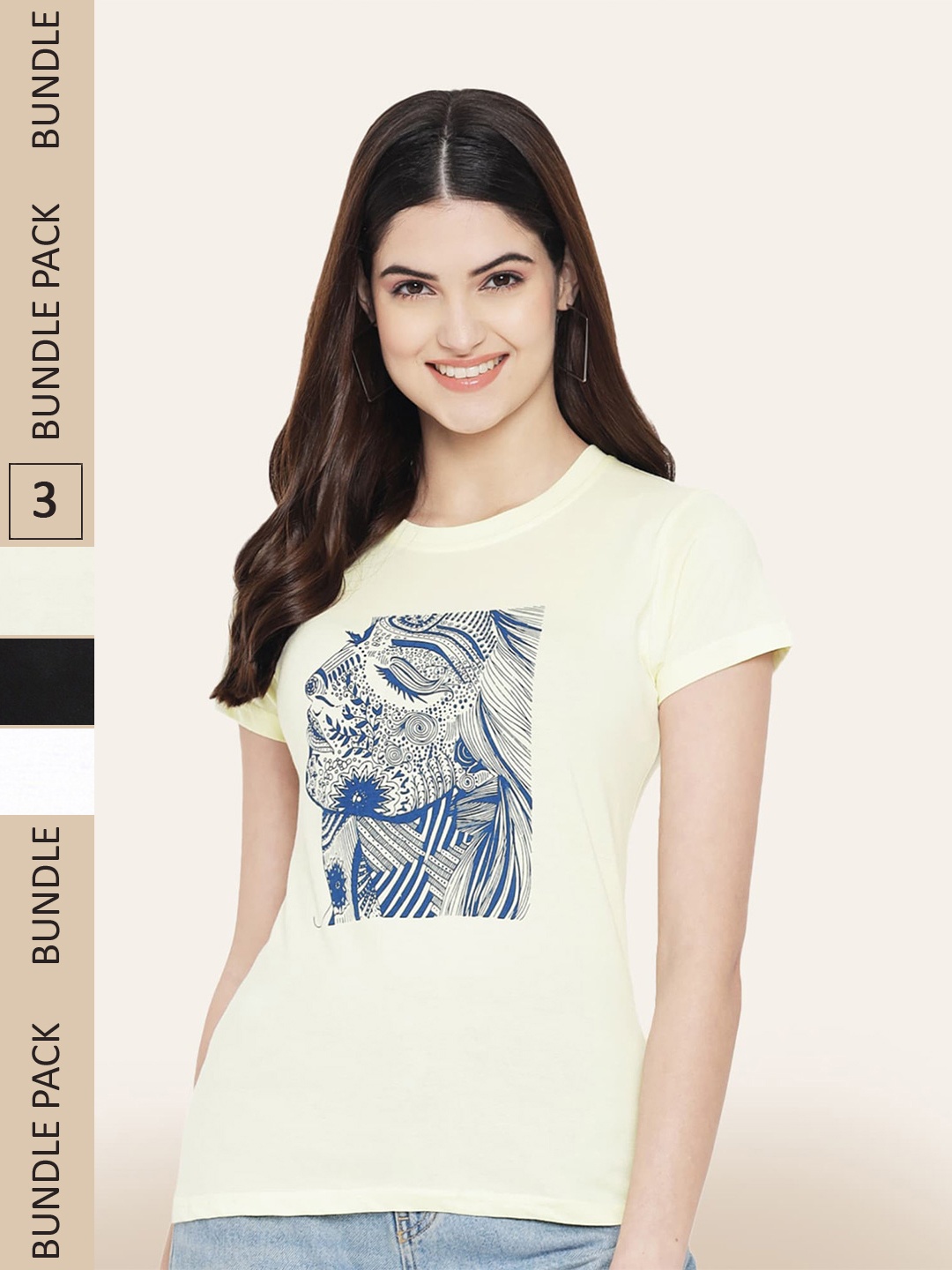 

BAESD Women Pack of 3 Printed Cotton T-shirts, Yellow