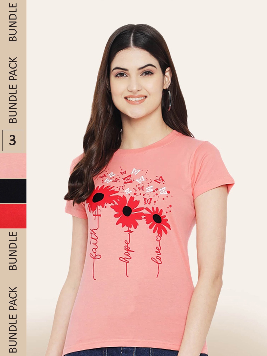 

BAESD Pack Of 3 Printed Casual Cotton T-shirts, Peach