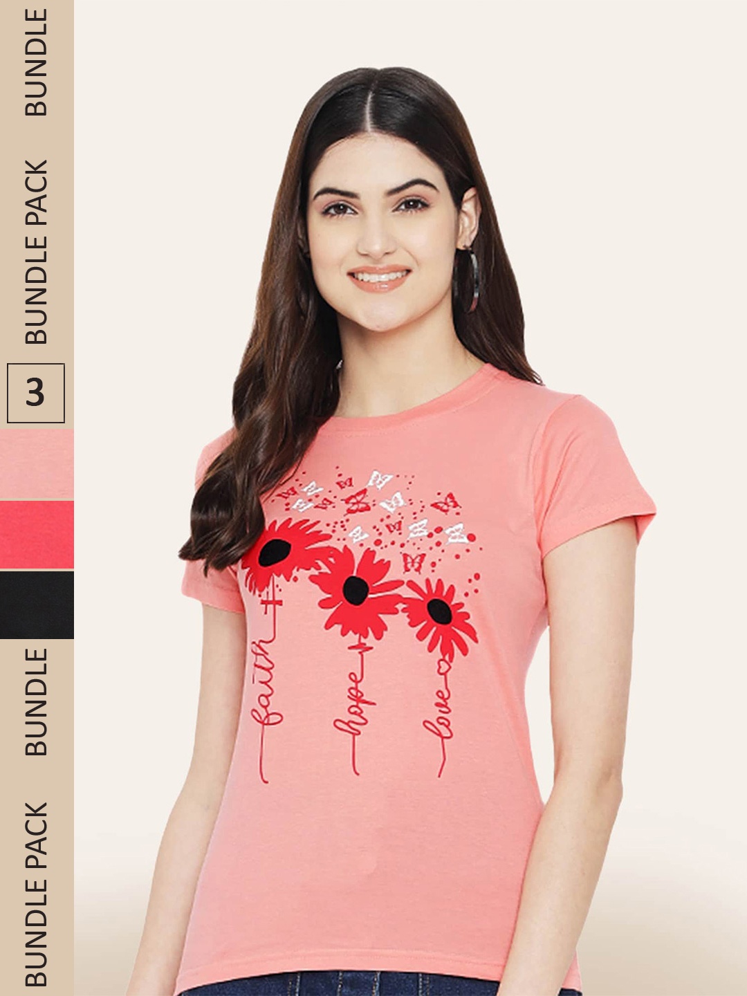 

BAESD Pack Of 3 Printed Casual Cotton T-shirts, Peach