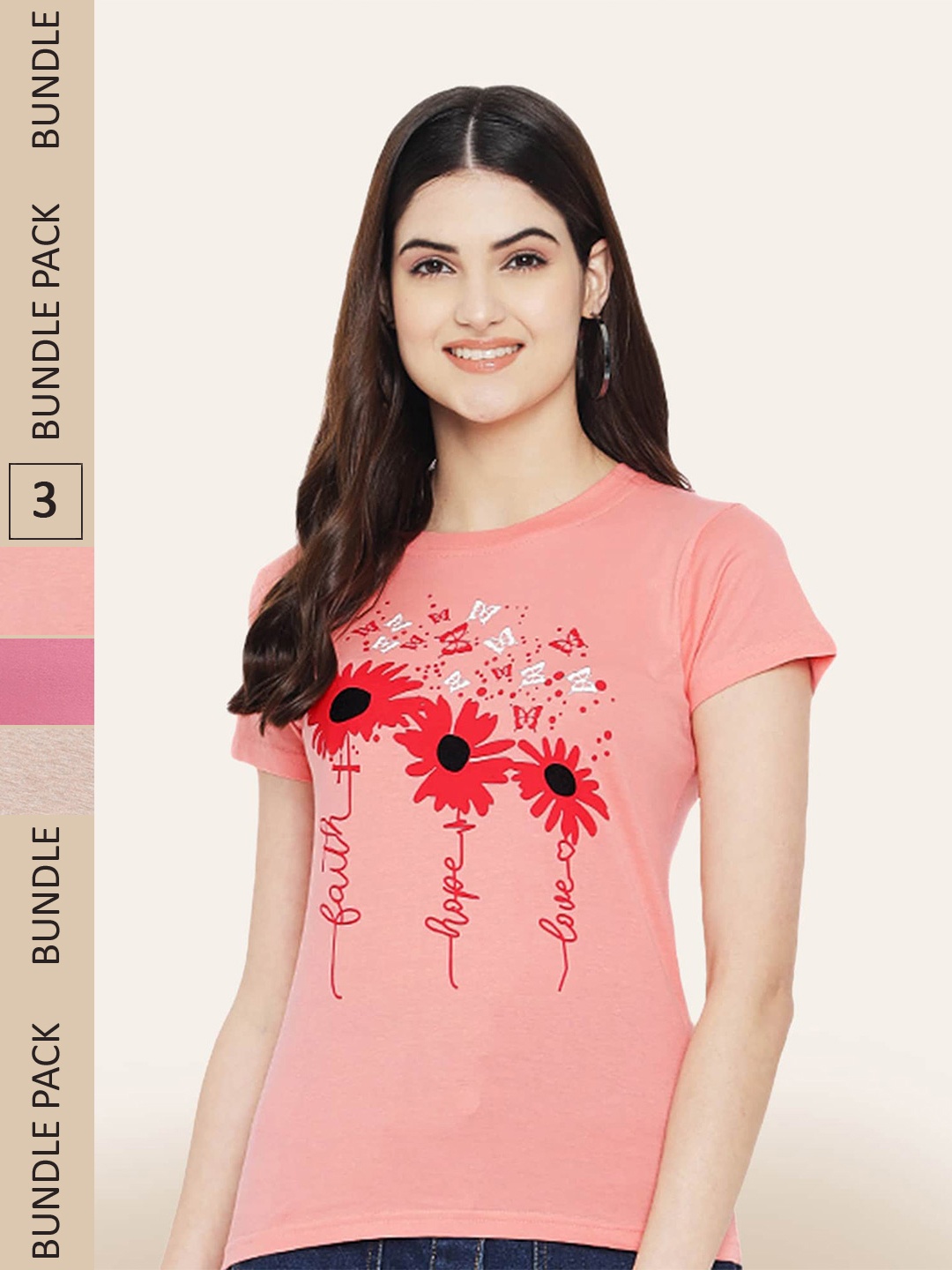 

BAESD Women Pack Of 3 Printed Cotton T-shirt, Peach