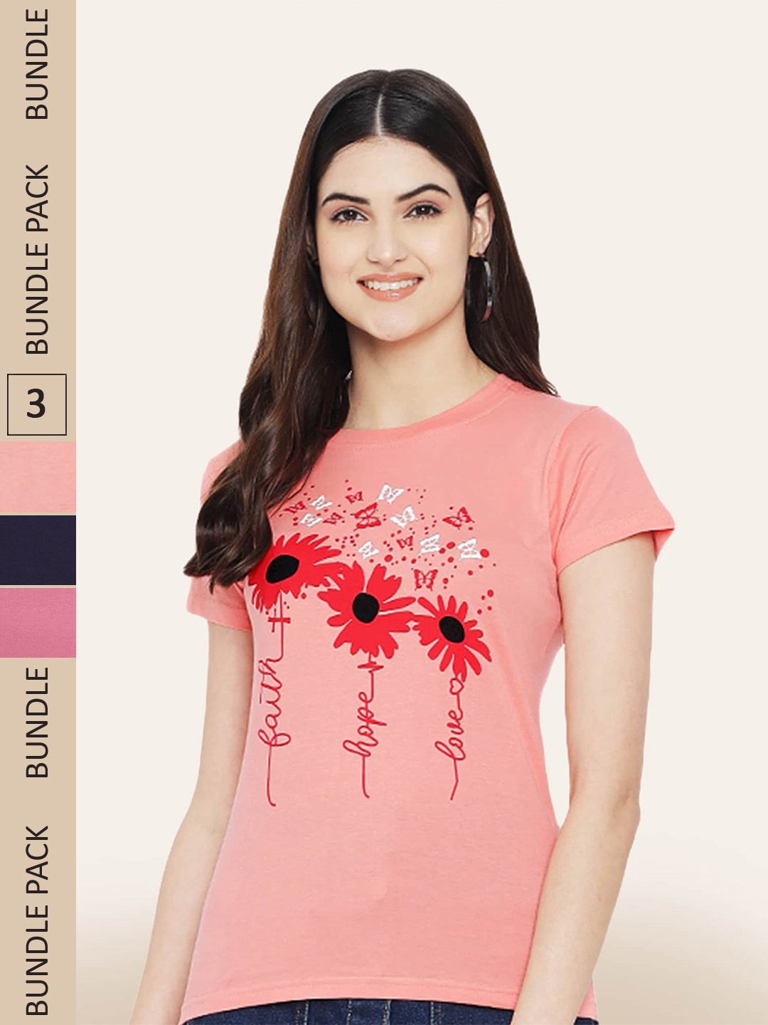 

BAESD Pack Of 3 Printed Cotton T-shirt, Peach