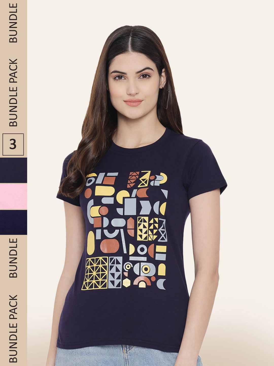 

BAESD Women Pack Of 3 Typography Printed Cotton T-shirt, Navy blue