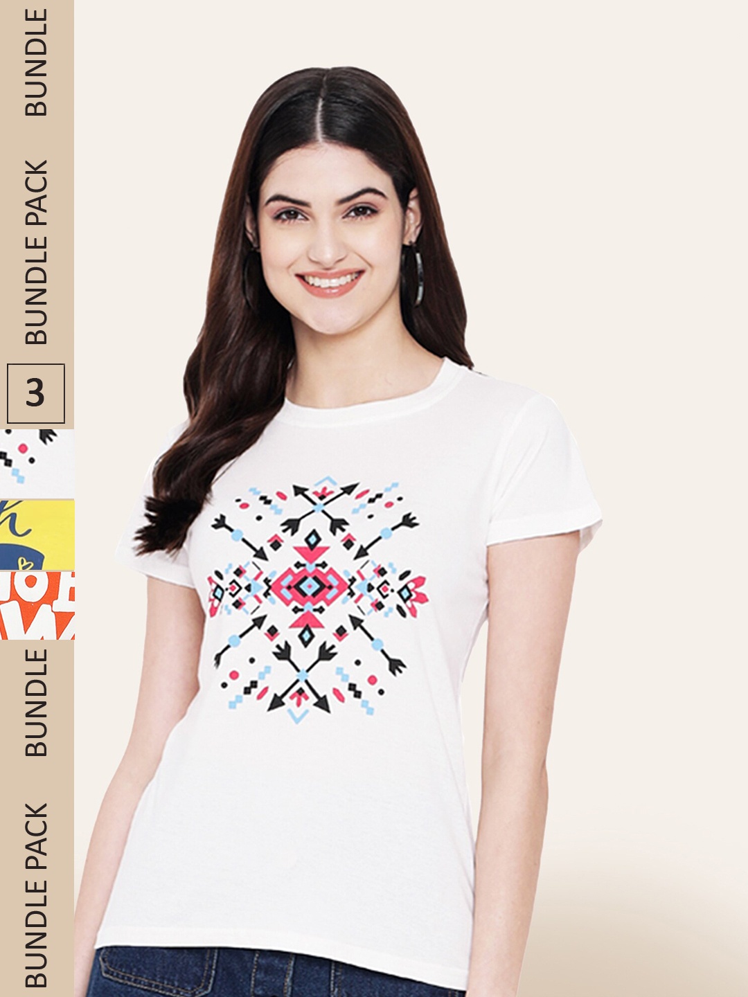 BAESD Pack Of 3 Printed Round Neck Cotton T-shirts, White