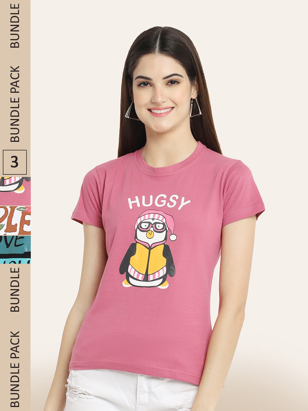 

BAESD Women Pack of 3 Printed Cotton T-shirts, Pink