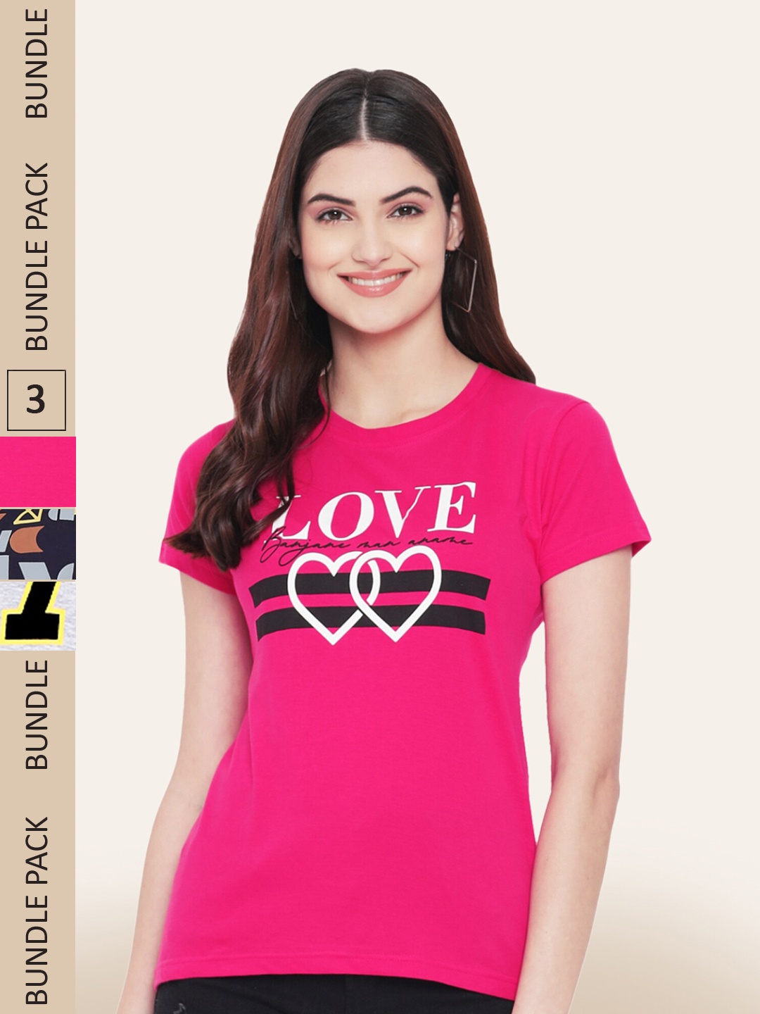 

BAESD Women Pack Of 3 Typography Printed Cotton T-shirt, Pink