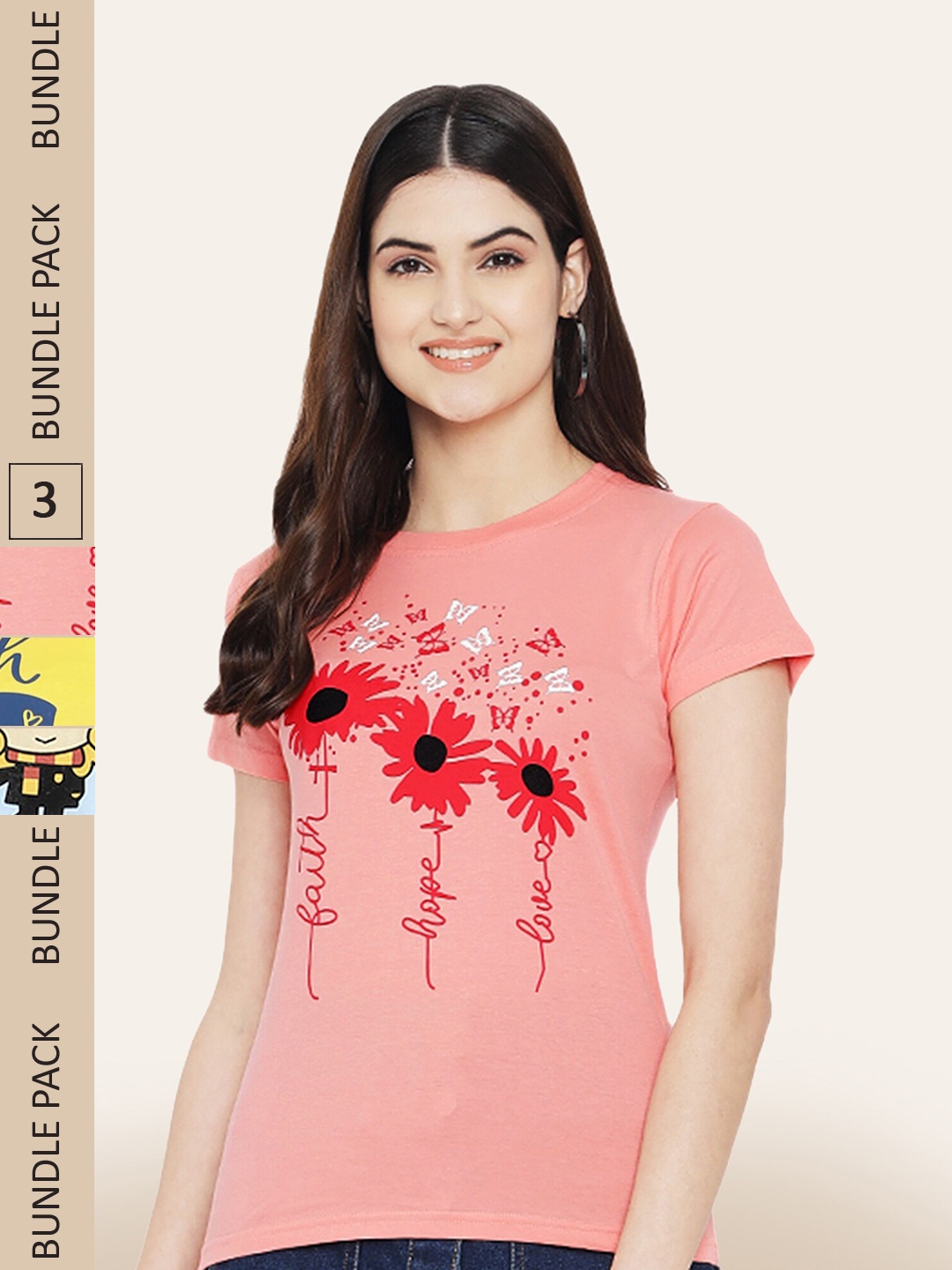 BAESD Pack Of 3 Typography Printed Cotton T-Shirt, Peach