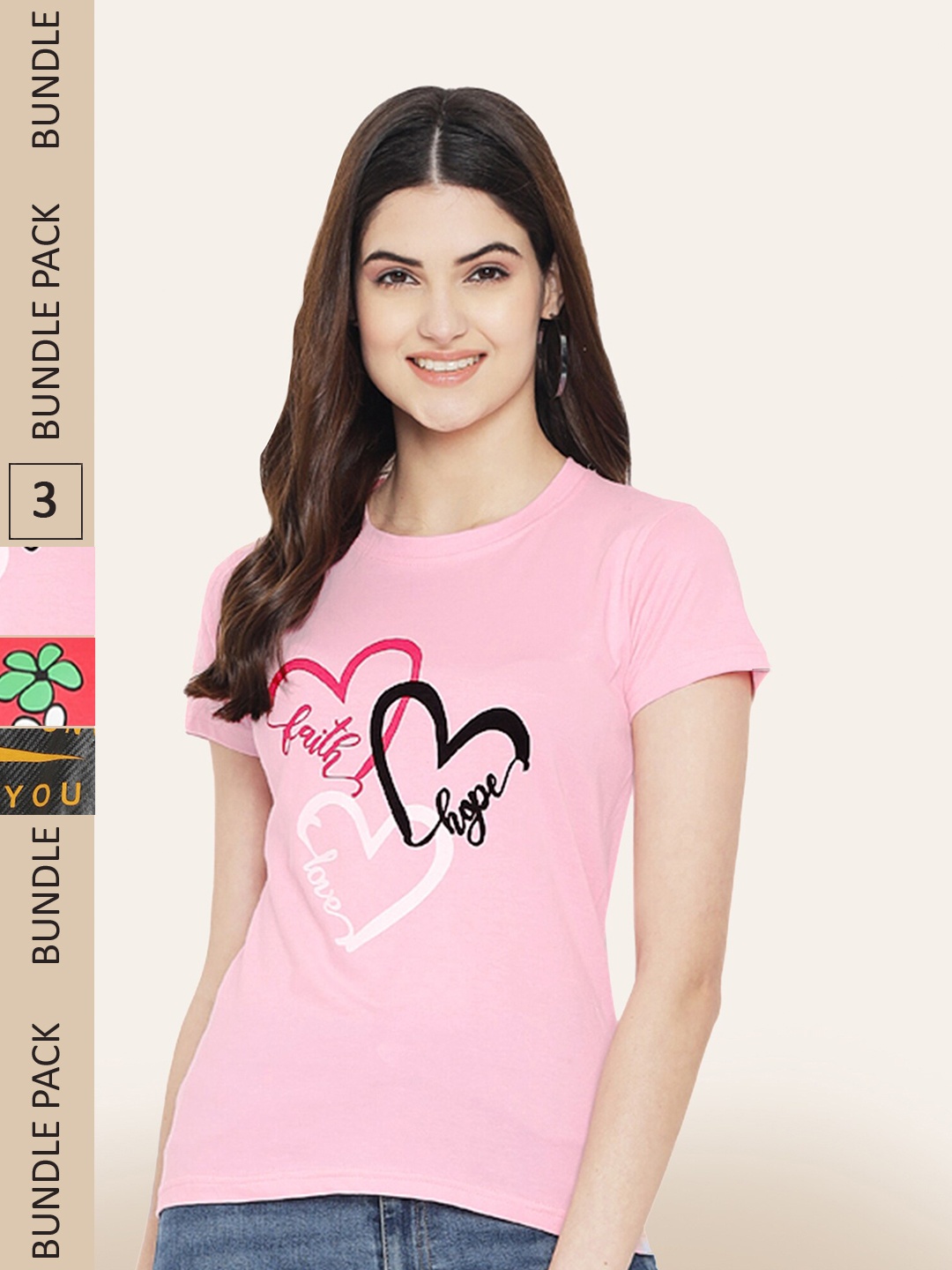 

BAESD Pack Of 3 Typography Printed Cotton T-shirt, Pink