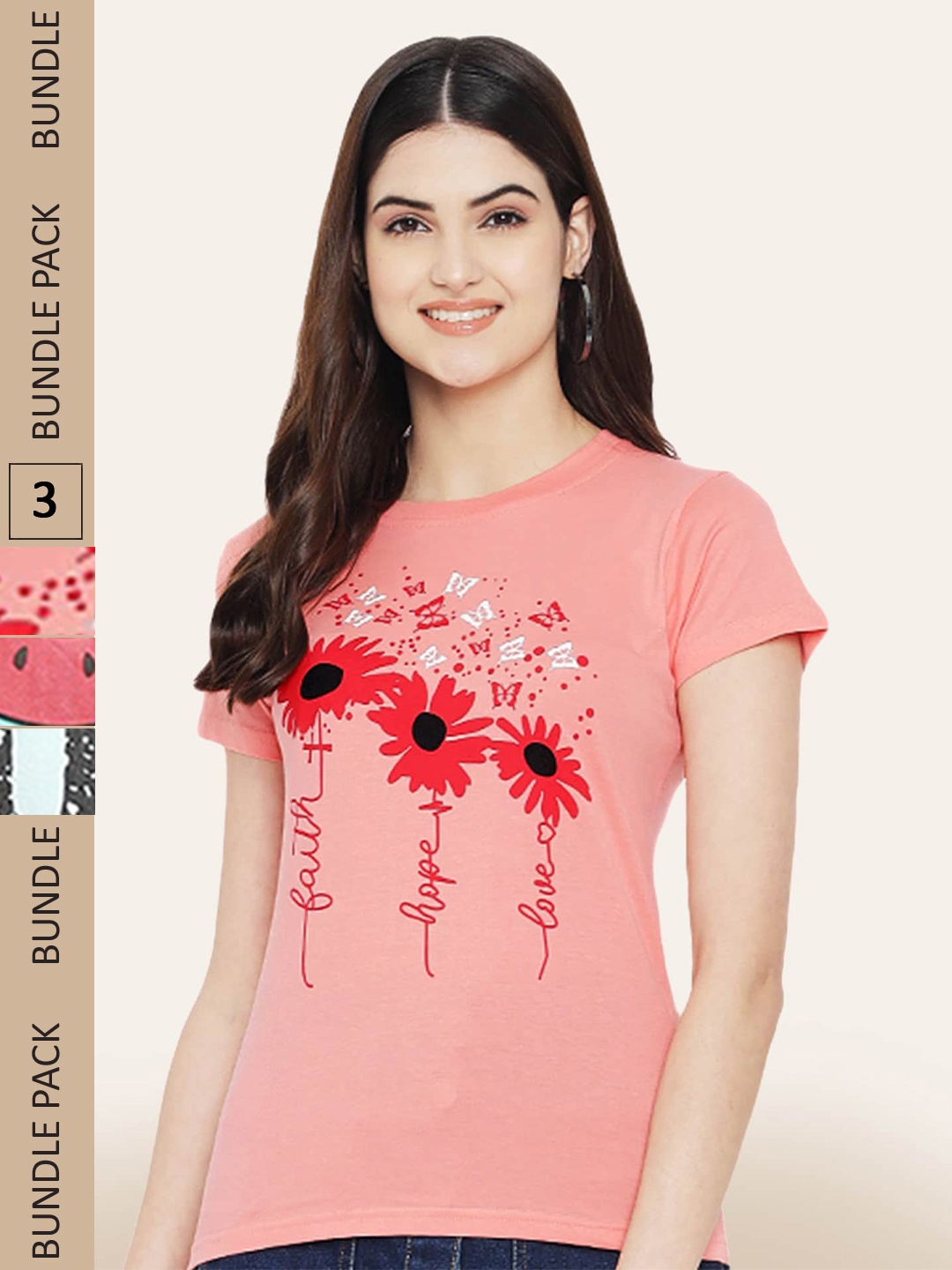 

BAESD Pack Of 3 Printed Round Neck Cotton T-shirts, Pink